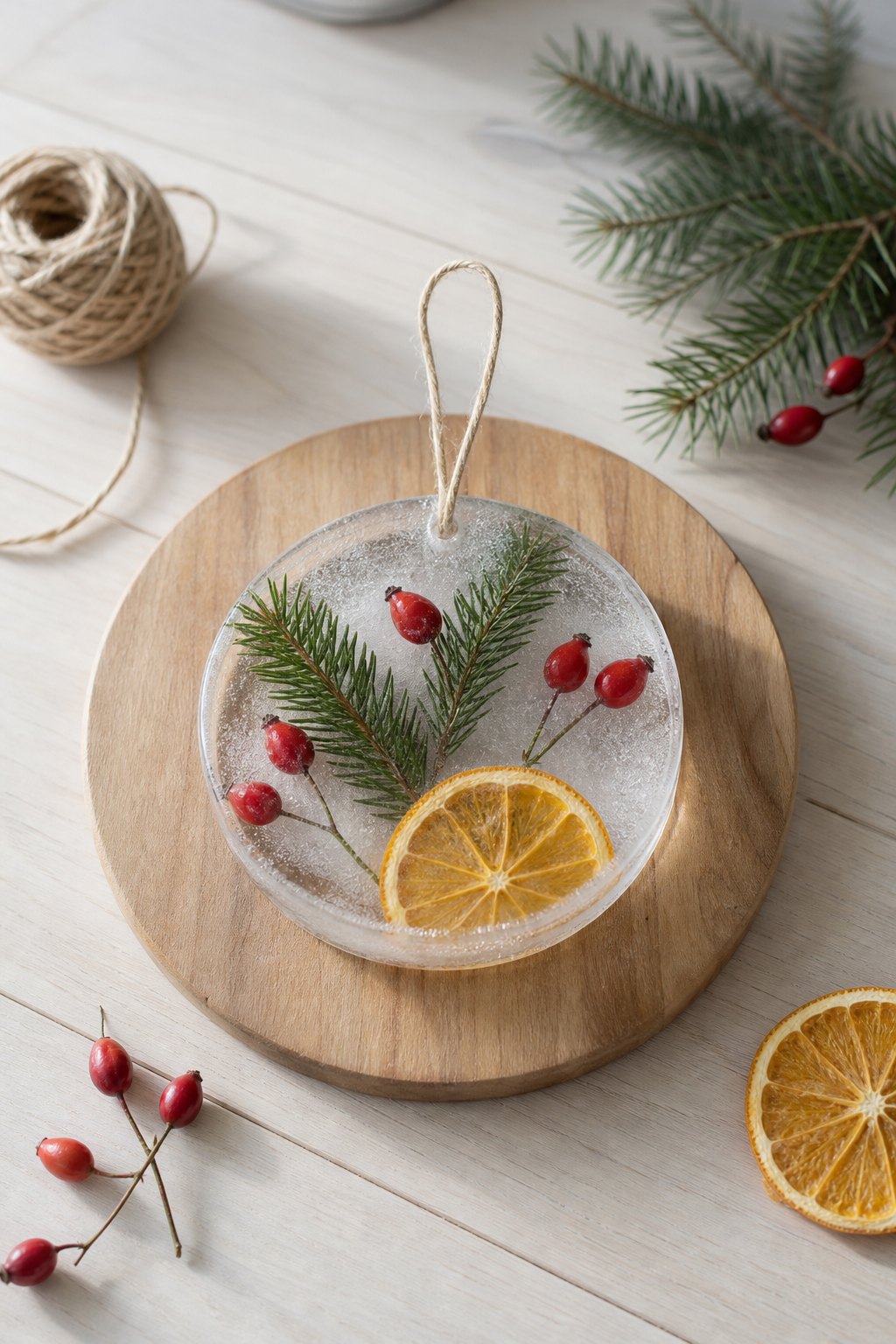 Der Eisanhänger mit Zweigen und Beeren — Eine runde, klare Eisscheibe mit etwa 15 cm Durchmesser und 2 cm Dicke liegt auf ein