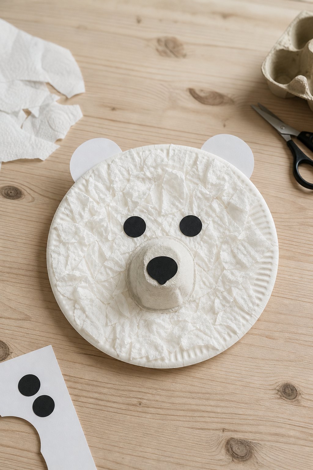 Der Eisbär aus dem Pappteller — Ein Eisbaerengesicht aus einem weissen Pappteller mit 23 cm Durchmesser liegt auf einem helle