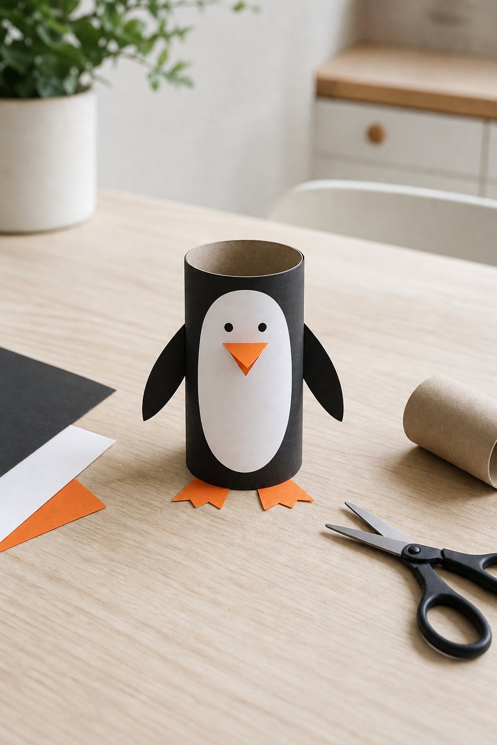 Der Pinguin aus der Klopapierrolle — Ein Pinguin aus einer Klopapierrolle steht auf einem hellen Holztisch, etwa 10 cm hoch