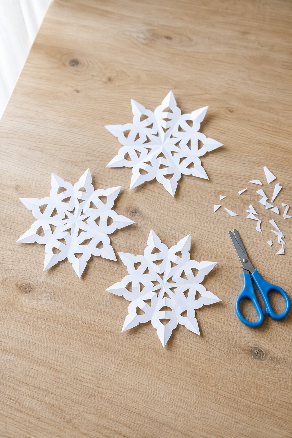 Die Schneeflocke aus dem Faltschnitt — Drei weisse Papier-Schneeflocken aus Faltschnitt liegen flach auf einem hellen Holztis