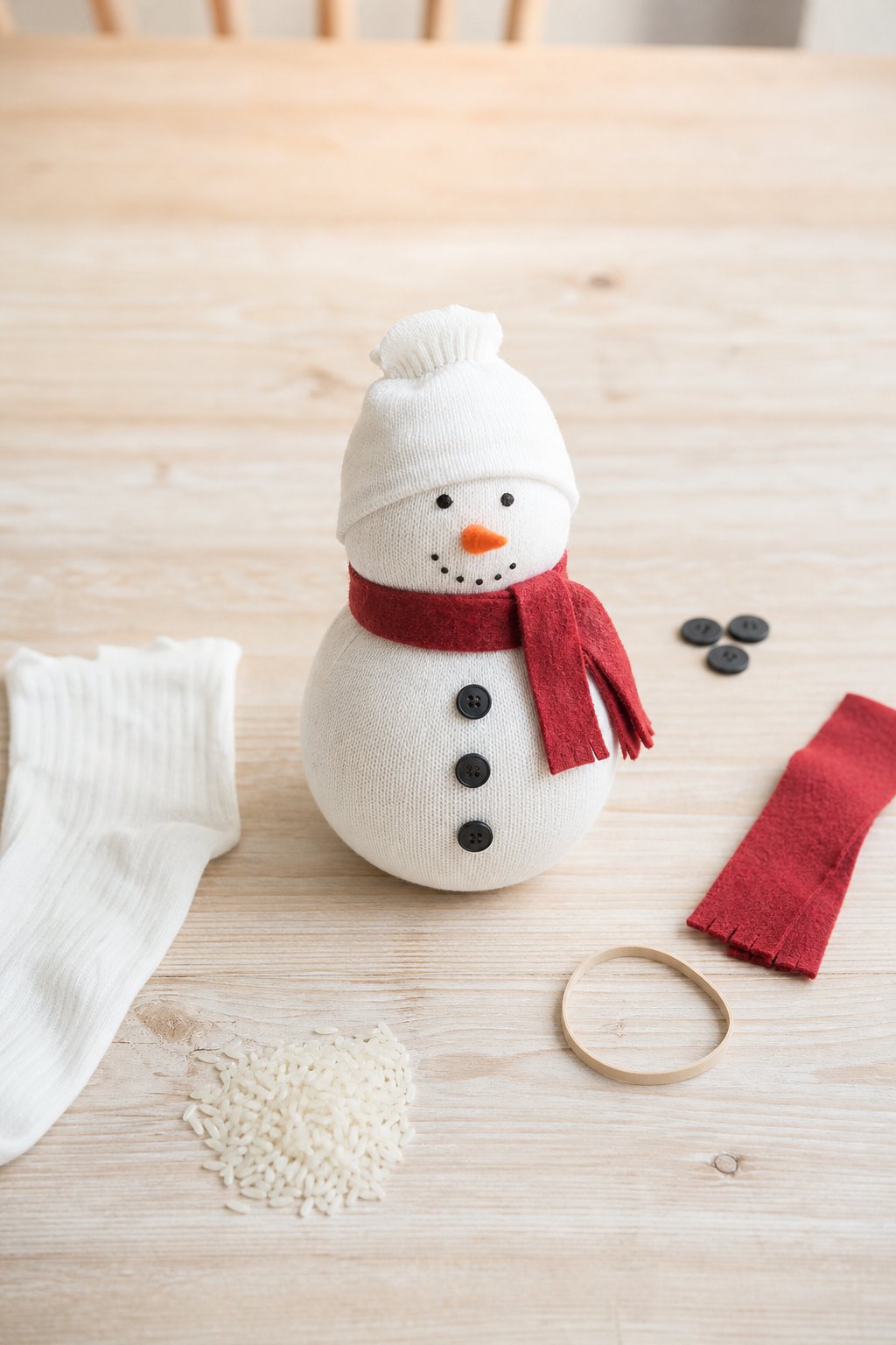 Der Schneemann aus der Socke — Ein etwa 15 cm hoher Schneemann aus einer weissen, mit Reis gefuellten Socke steht auf einem h