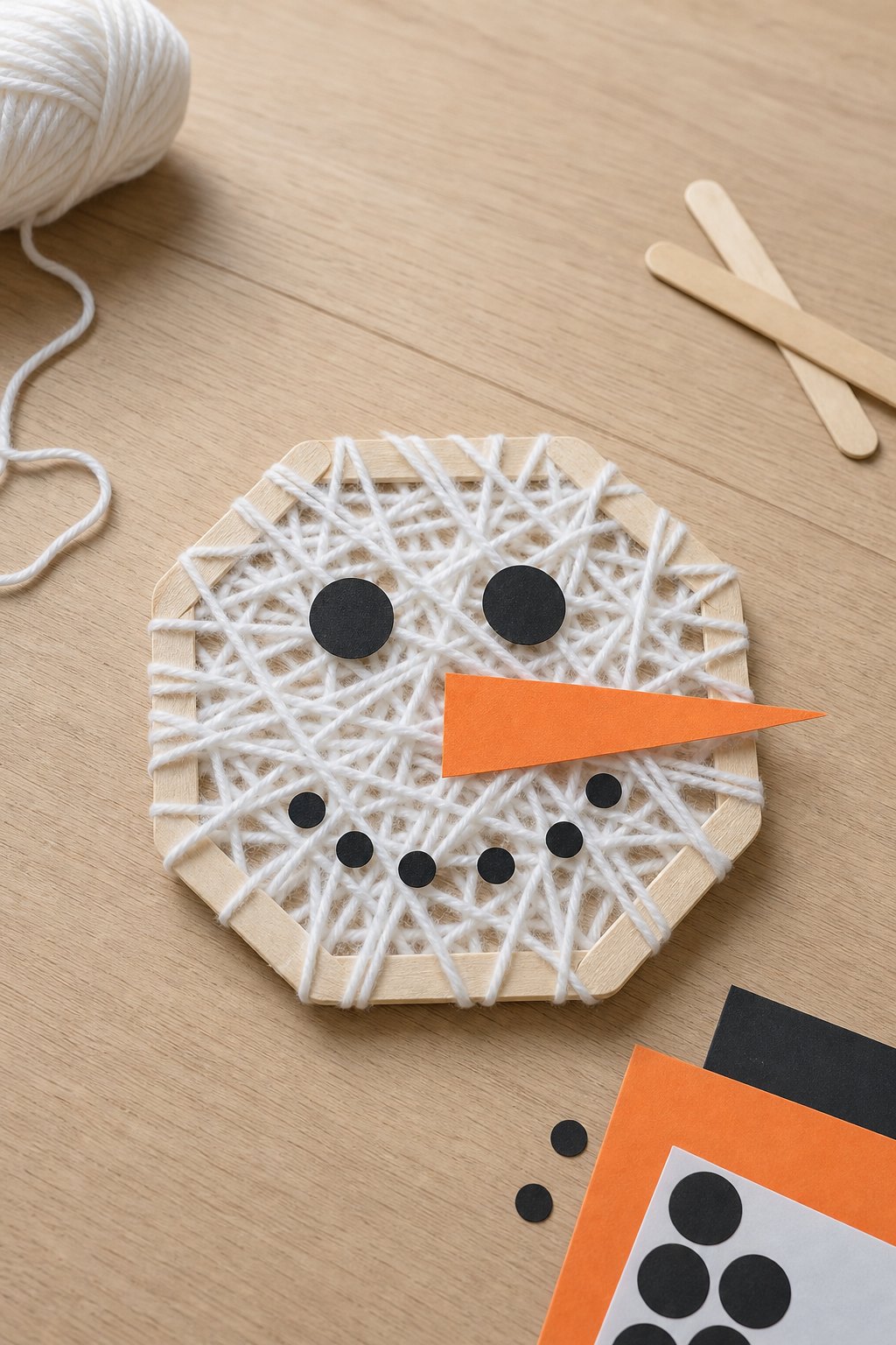 Das Schneemann-Gesicht aus Eisstielen und Wolle — Ein achteckiger Rahmen aus acht hellen Holz-Eisstielen, etwa 13 cm gross, l