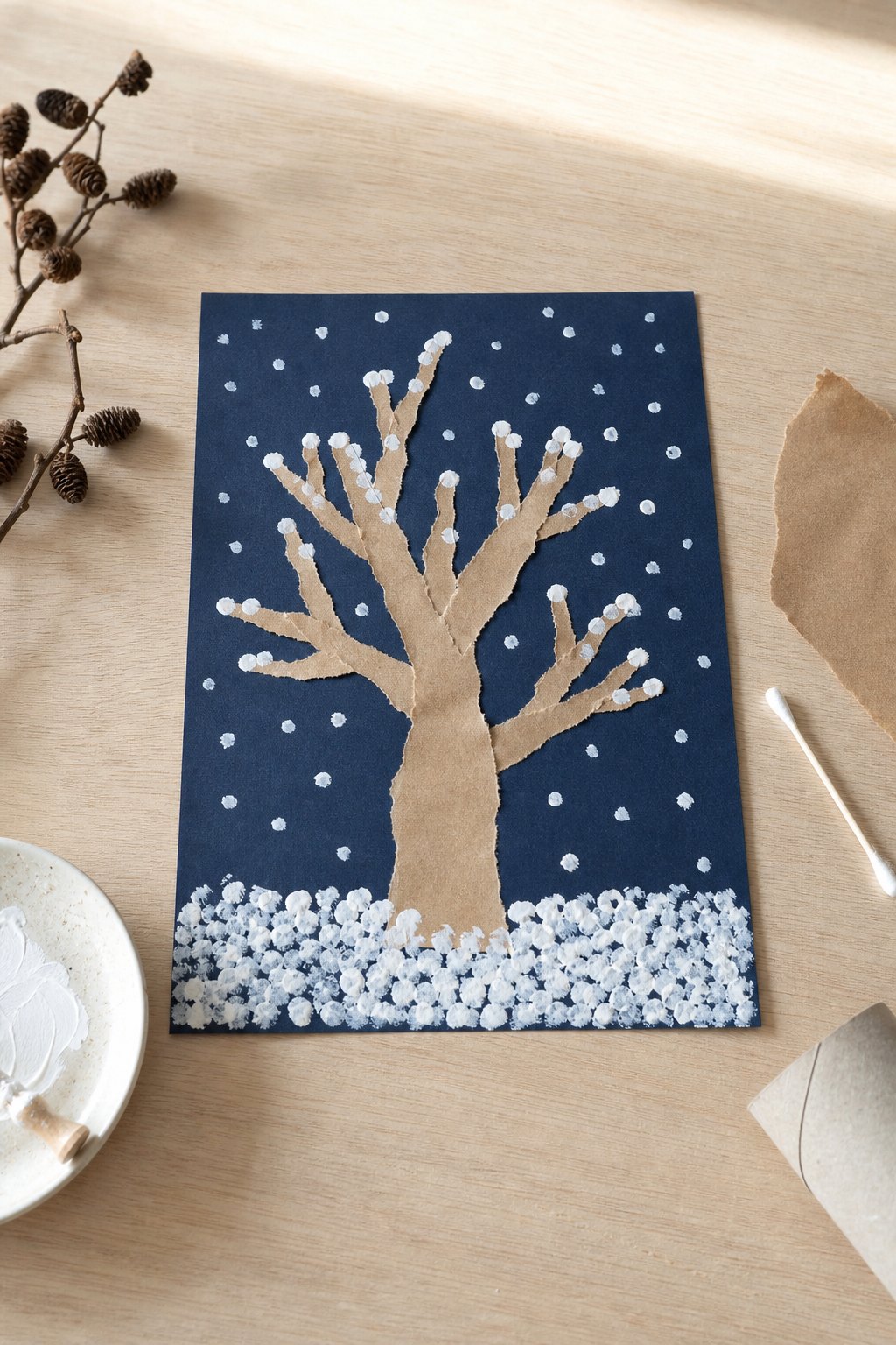 Der Winterbaum mit getupftem Schnee — Ein dunkelblauer Tonkarton im Format DIN A4 liegt hochkant auf einem hellen Holztisch