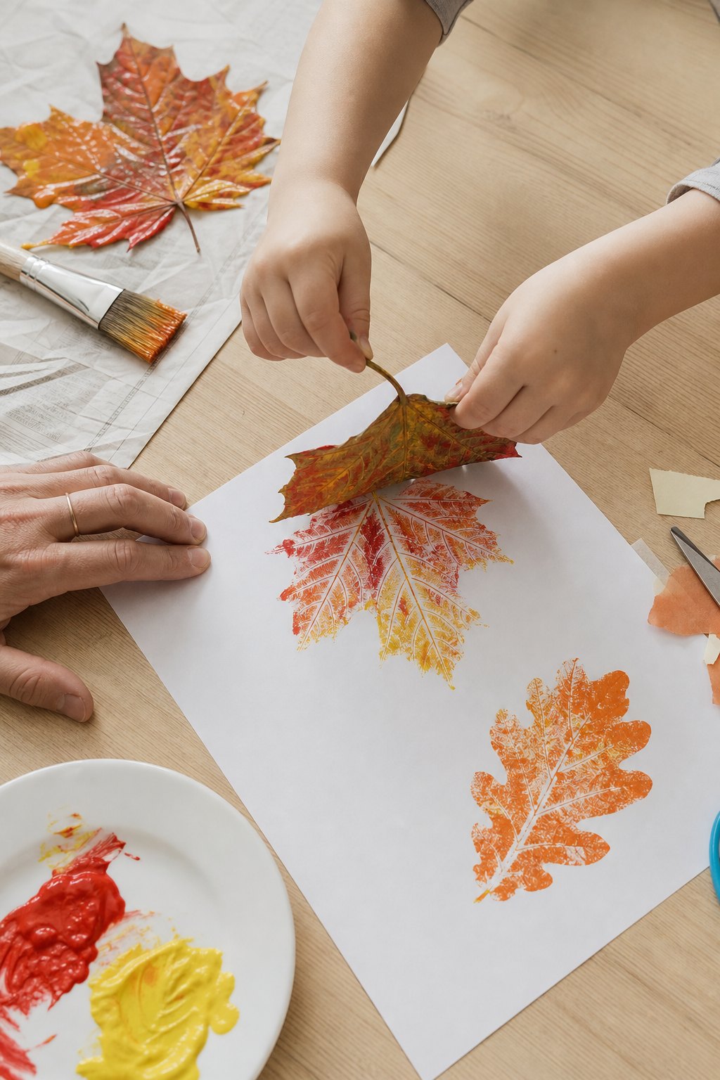 Kinderhände ziehen ein Ahornblatt vom Papier ab, darunter erscheint der Abdruck