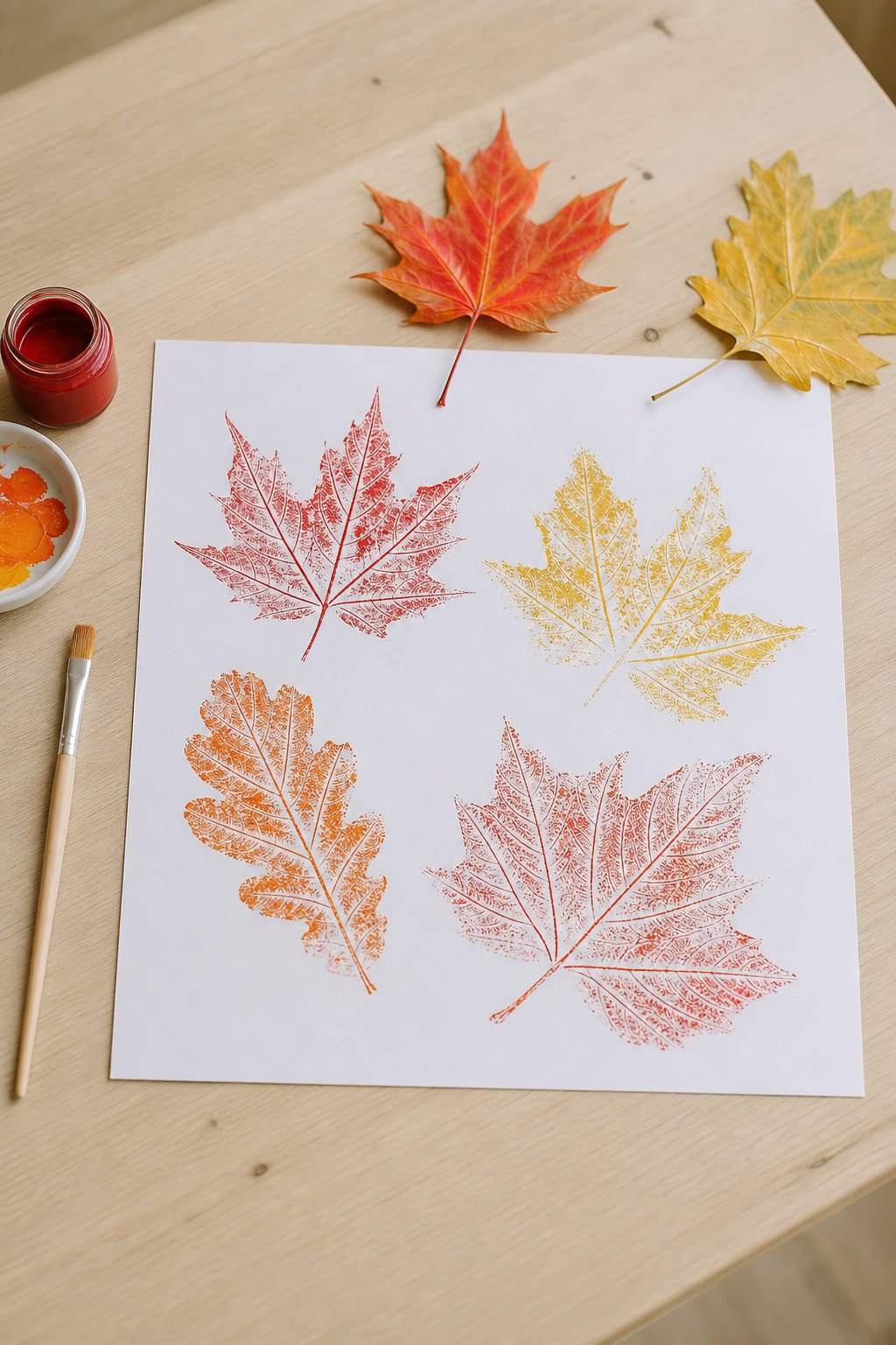 Mit Herbstblättern stempeln — Ein weisses Blatt Papier im Querformat auf einem hellen Holztisch, von oben fotografiert