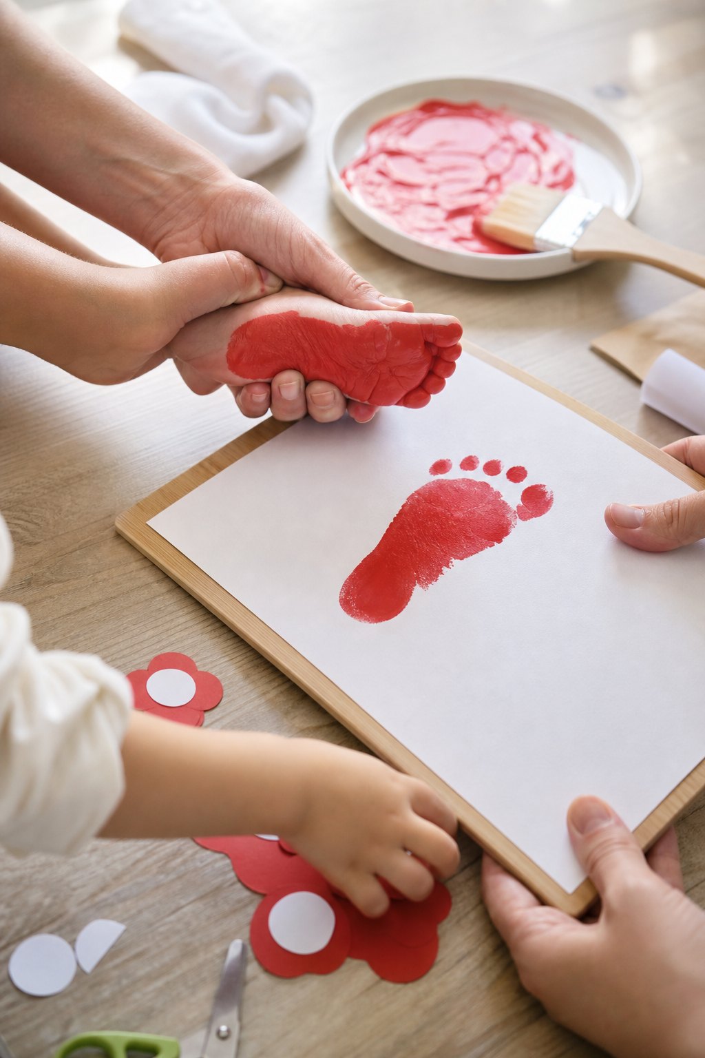 Ein rot bemalter Kinderfuß wird auf das Blatt gedrückt, daneben der erste Abdruck
