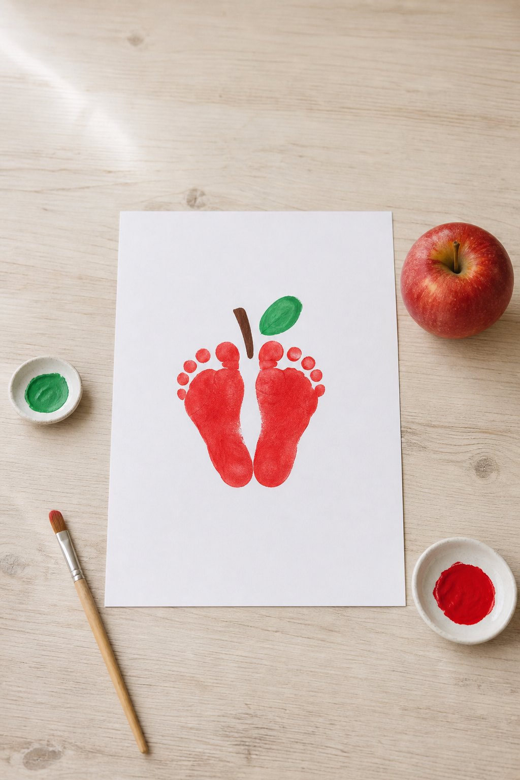 Der Apfel aus zwei Fußabdrücken — Ein weisses Blatt Tonpapier im Hochformat auf einem hellen Holztisch, von oben fotografiert
