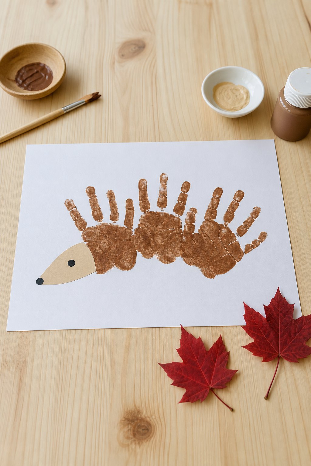 Der Igel aus Handabdrücken — Ein weisses Blatt Tonpapier im Querformat auf einem hellen Holztisch, von oben fotografiert
