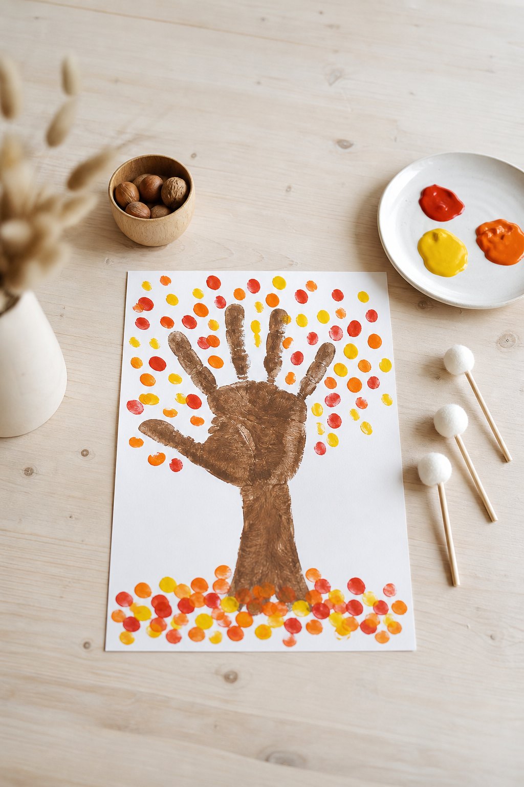 Der Herbstbaum mit Fingertupfen — Ein weisses Blatt Tonpapier im Hochformat auf einem hellen Holztisch, von oben fotografiert