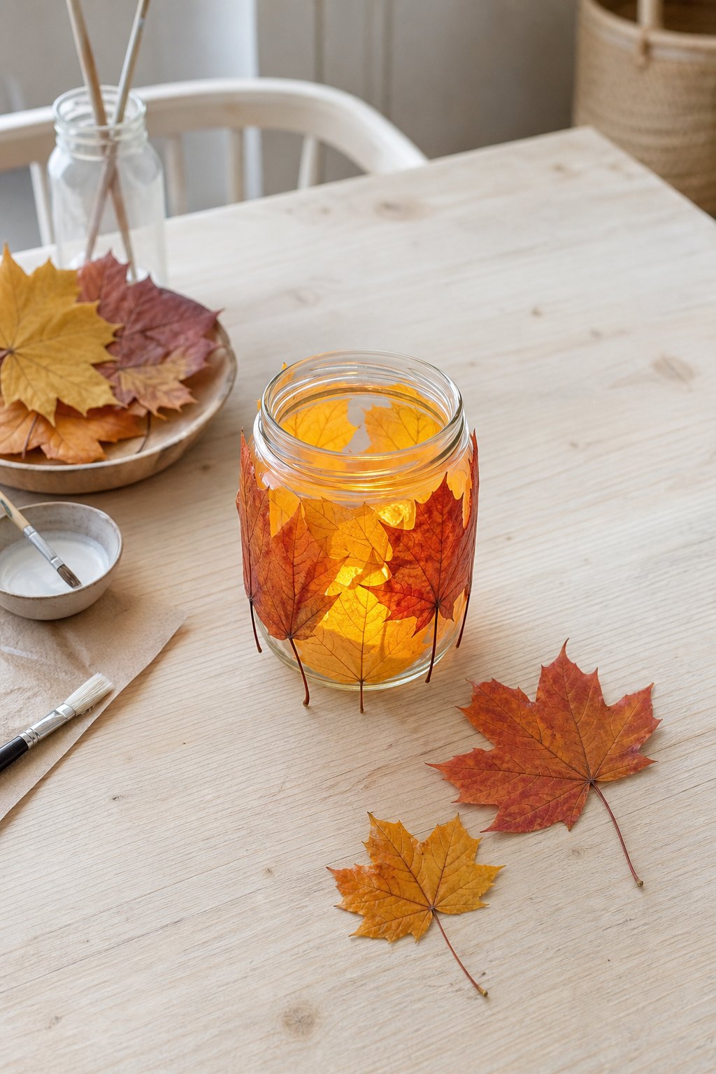 Das Windlicht mit Herbstblättern — Ein Schraubglas als Windlicht auf einem hellen Holztisch, etwa 12 cm hoch, rundherum mit f