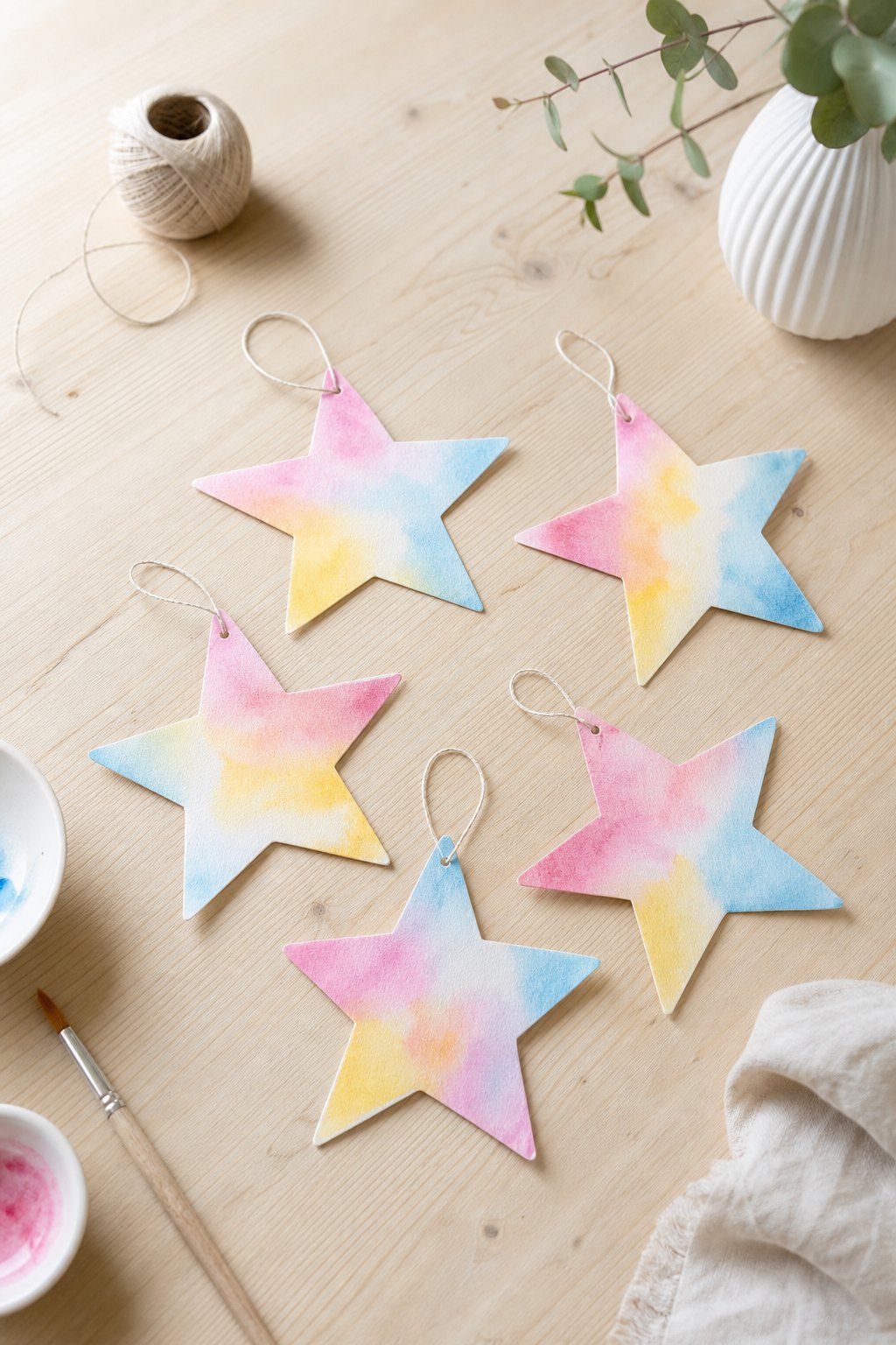 Sterne aus dem nass bemalten Blatt — Fuenf ausgeschnittene Papiersterne, jeder etwa 10 cm breit, liegen auf einem hellen Holz
