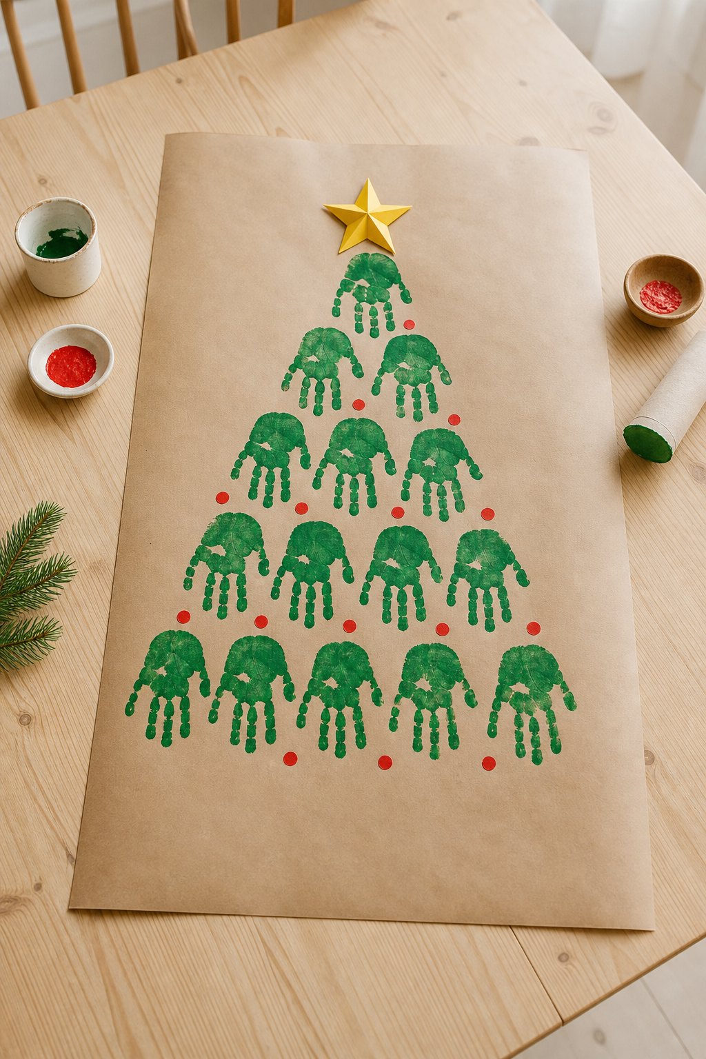 Der Tannenbaum aus Handabdrücken — Ein grosses Blatt braunes Packpapier liegt auf einem hellen Holztisch, darauf ein Tannenba