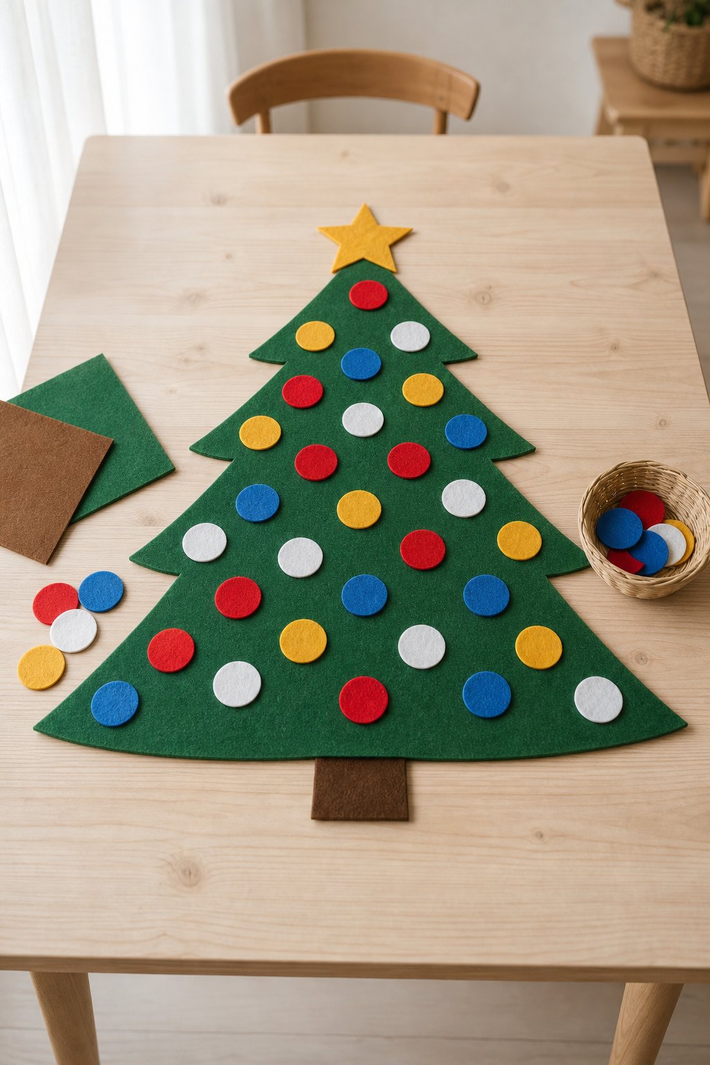 Der Filzbaum zum Schmücken — Ein flacher Tannenbaum aus gruenem Filz, 90 cm hoch und 70 cm breit, liegt ausgebreitet auf eine