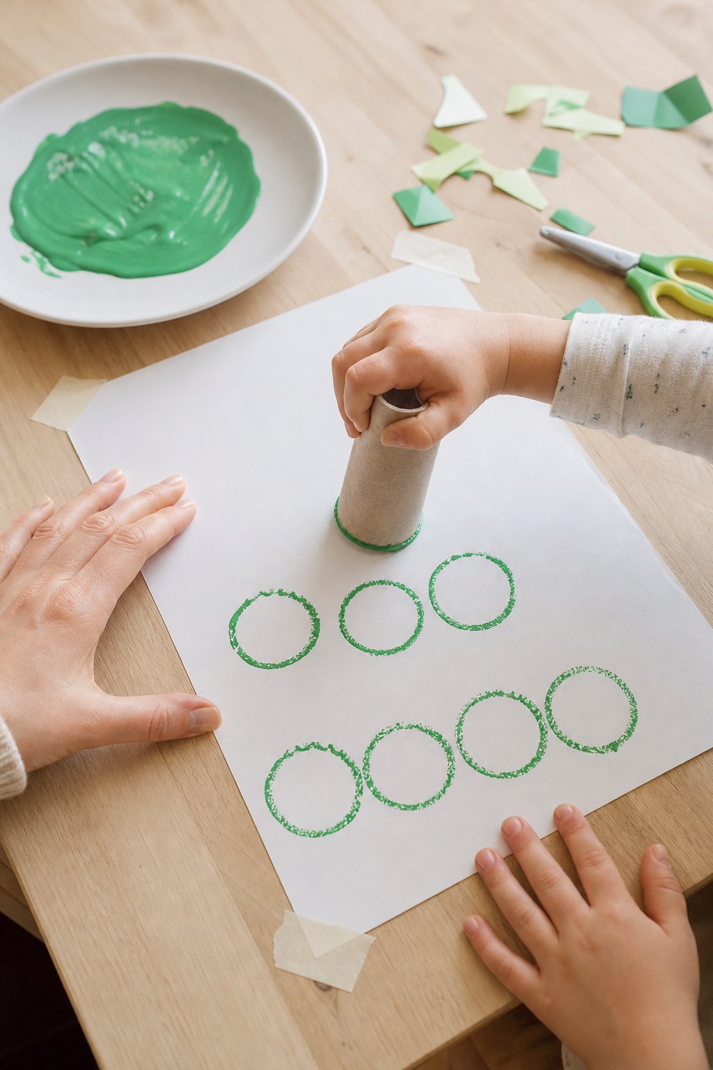 Eine Kinderhand stempelt mit der Klopapierrolle grüne Ringe aufs Papier
