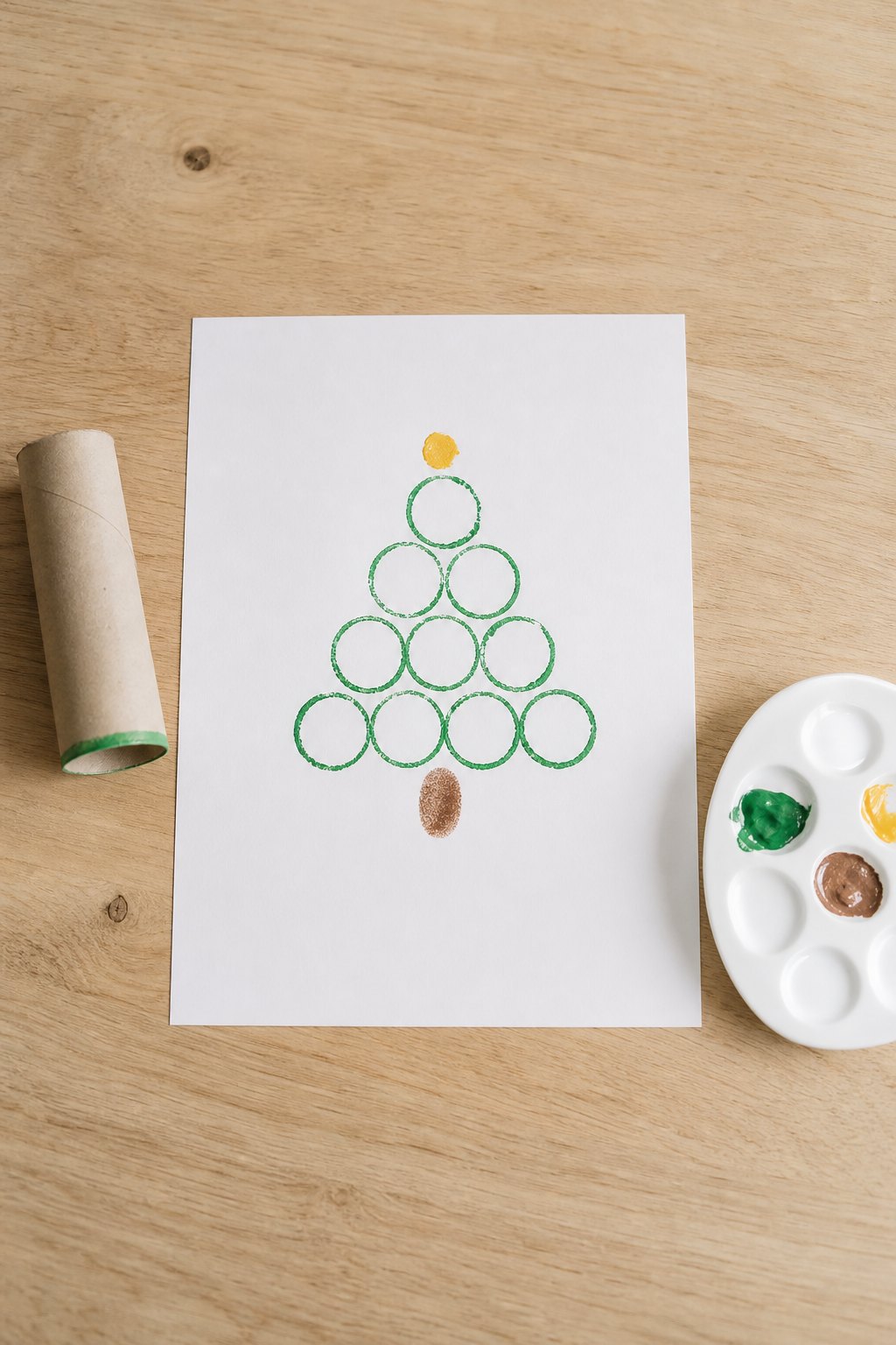 Der Kringelbaum mit der Klopapierrolle — Ein weisses Blatt Papier im Format DIN A4 liegt hochkant auf einem hellen Holztisch