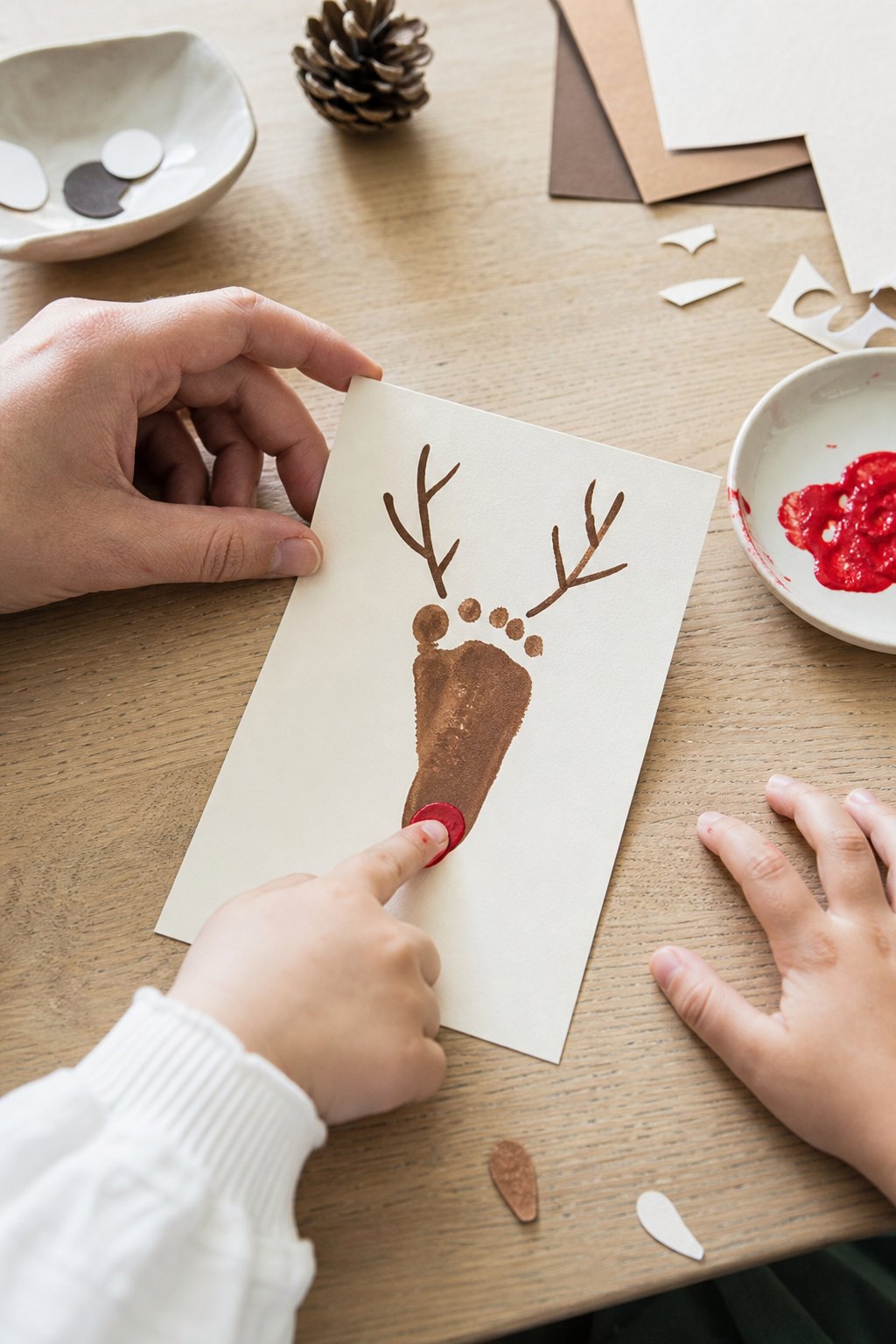 Ein Kinderfinger tupft die rote Nase auf den braunen Fußabdruck