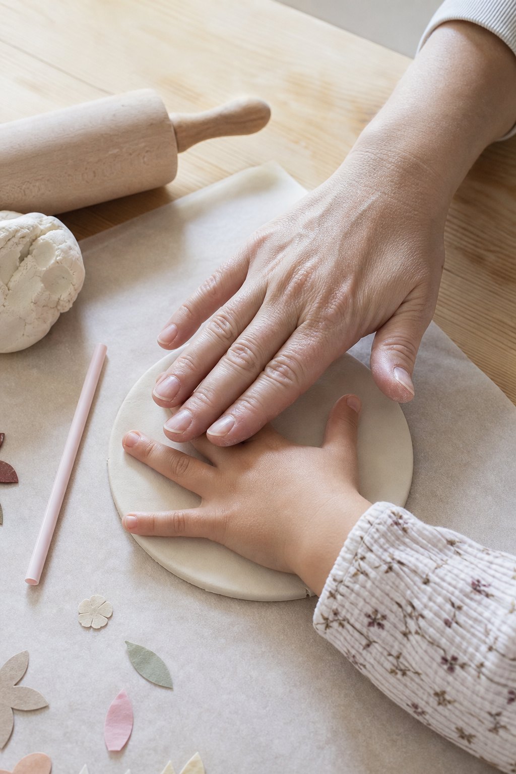 Eine Kinderhand wird in eine runde Scheibe aus Salzteig gedrückt