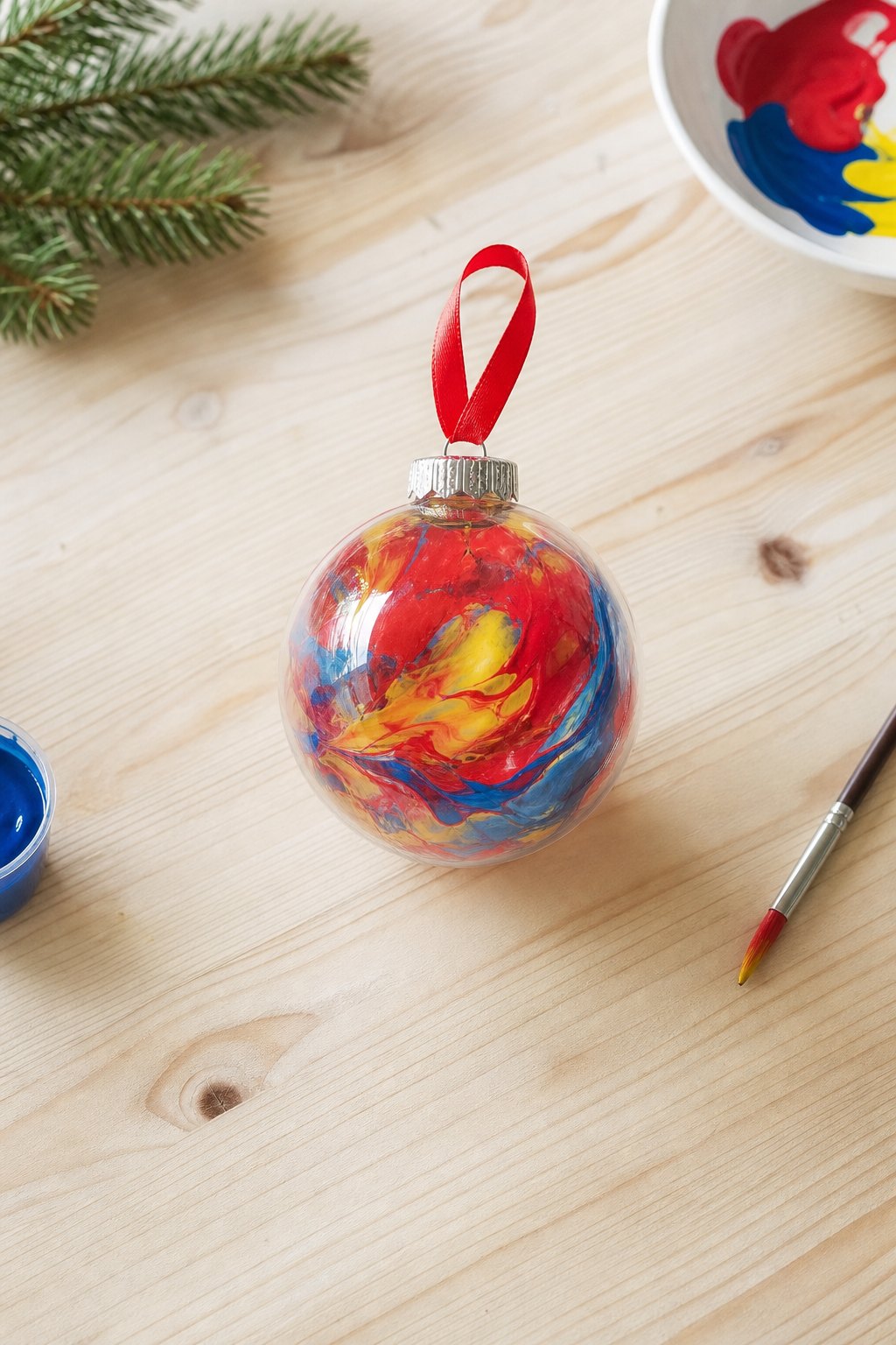 Die Weihnachtskugel zum Schwenken — Eine durchsichtige Weihnachtskugel aus Kunststoff, 8 cm im Durchmesser, liegt auf einem h