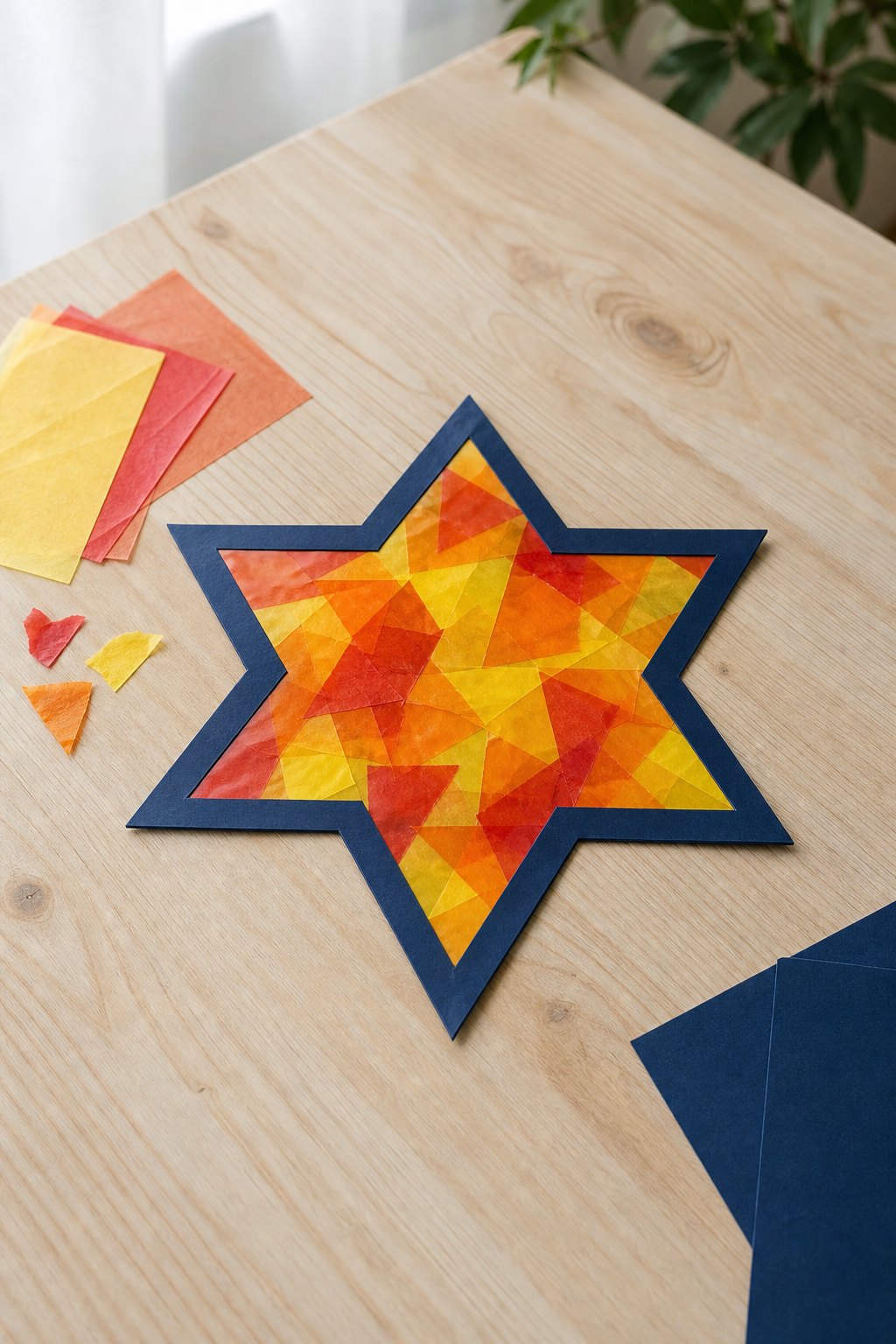 Das Sternfenster aus Klebefolie — Ein sechszackiger Stern von etwa 20 cm Breite liegt auf einem hellen Holztisch
