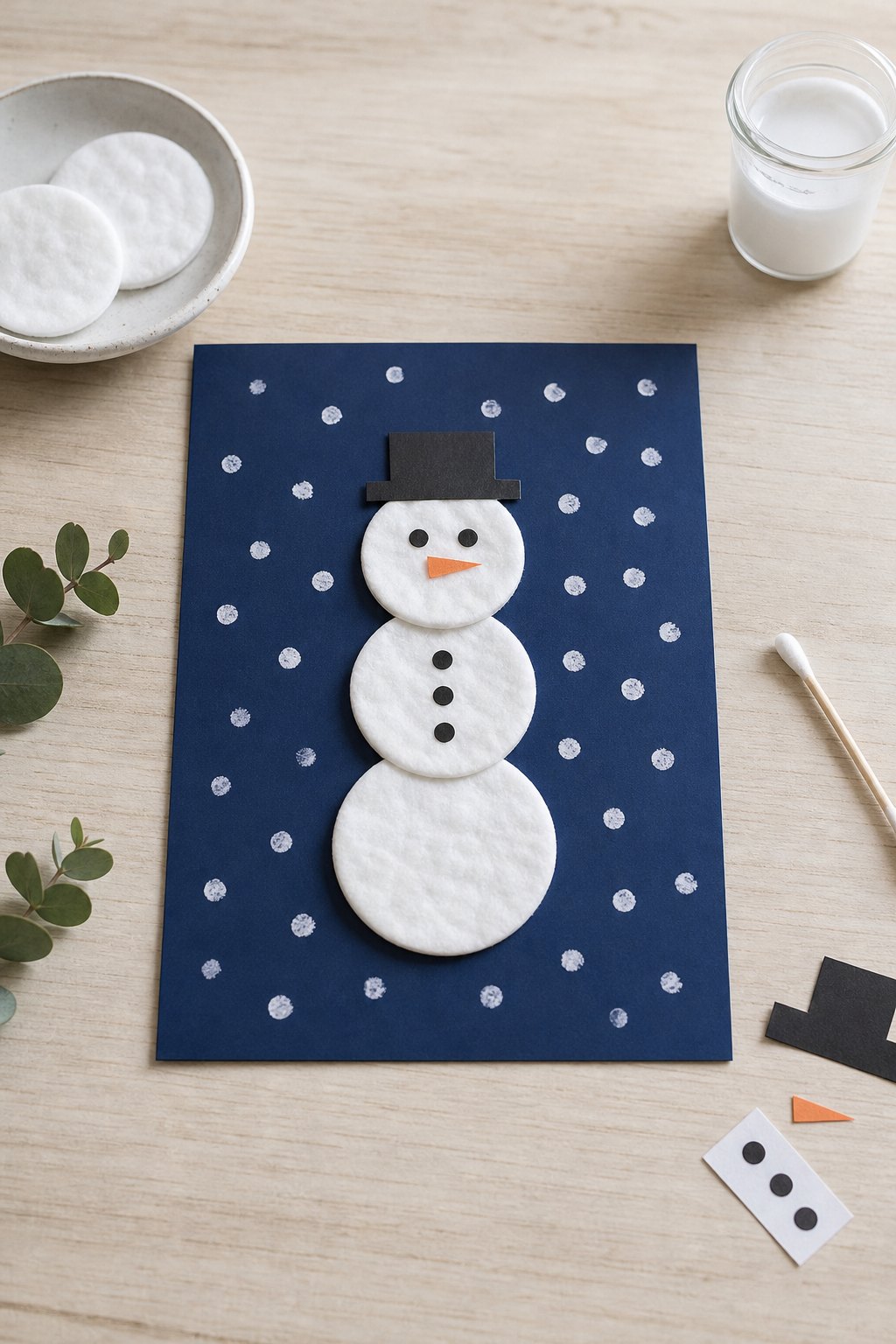 Der Schneemann aus Wattepads — Ein dunkelblauer Tonkarton im Format DIN A5 liegt hochkant auf einem hellen Holztisch