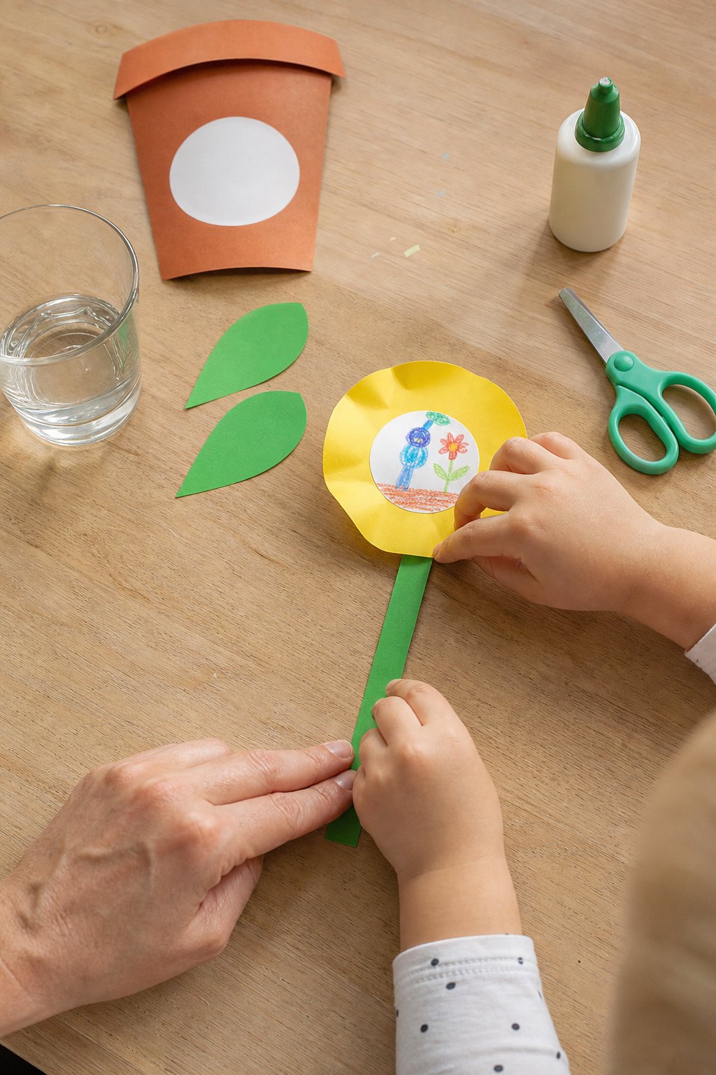 Kinderhände kleben den grünen Stängel an eine gelbe Papierblüte
