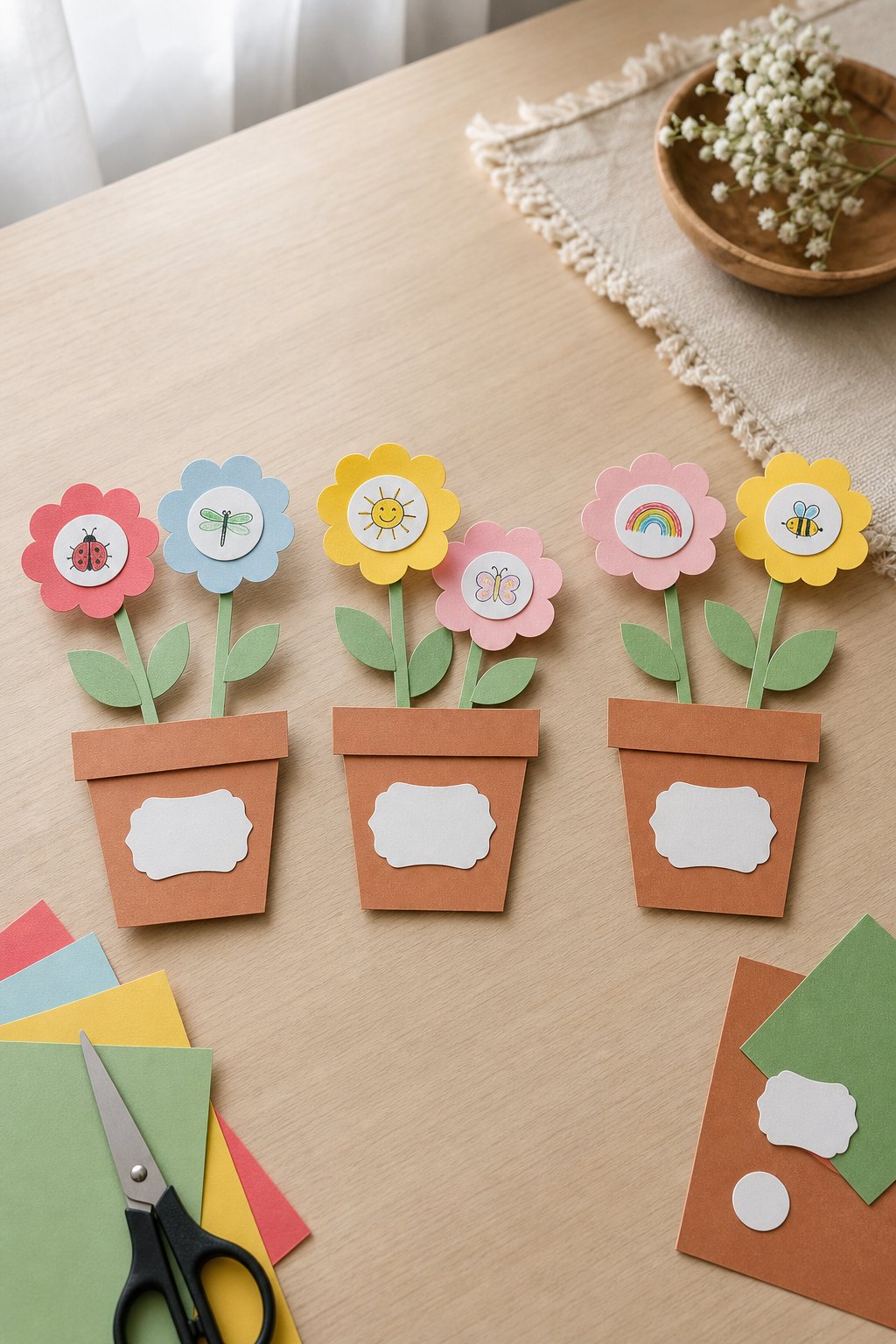 Die Blumentöpfe „Gemeinsam wachsen“ — Flach auf einem hellen Holztisch: drei Blumentoepfe aus terrakottafarbenem Tonpapier ne