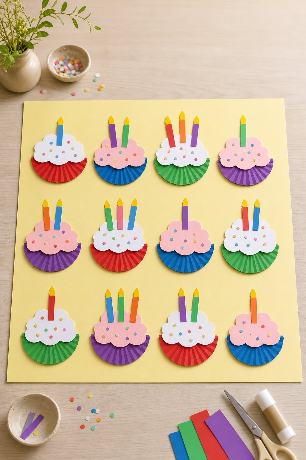 Die Cupcakes aus Muffinförmchen — Ein Bogen hellgelber Tonkarton flach auf einem hellen Holztisch, darauf drei Reihen mit je 
