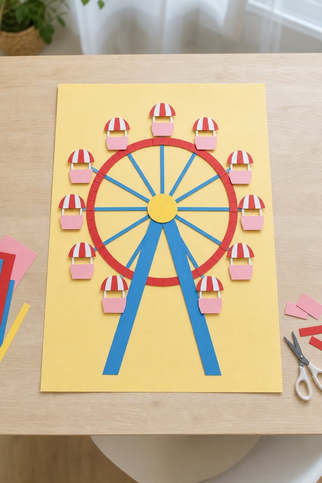 Das Riesenrad mit zwölf Gondeln — Ein grosser hellgelber Kartonbogen im Hochformat flach auf einem hellen Holztisch, darauf e