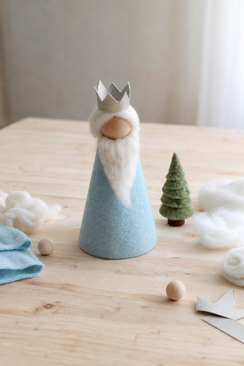 König Winter aus Filz und Schafwolle — Eine etwa 14 cm hohe Figur Koenig Winter auf einem hellen Holztisch: ein glatter Kegel