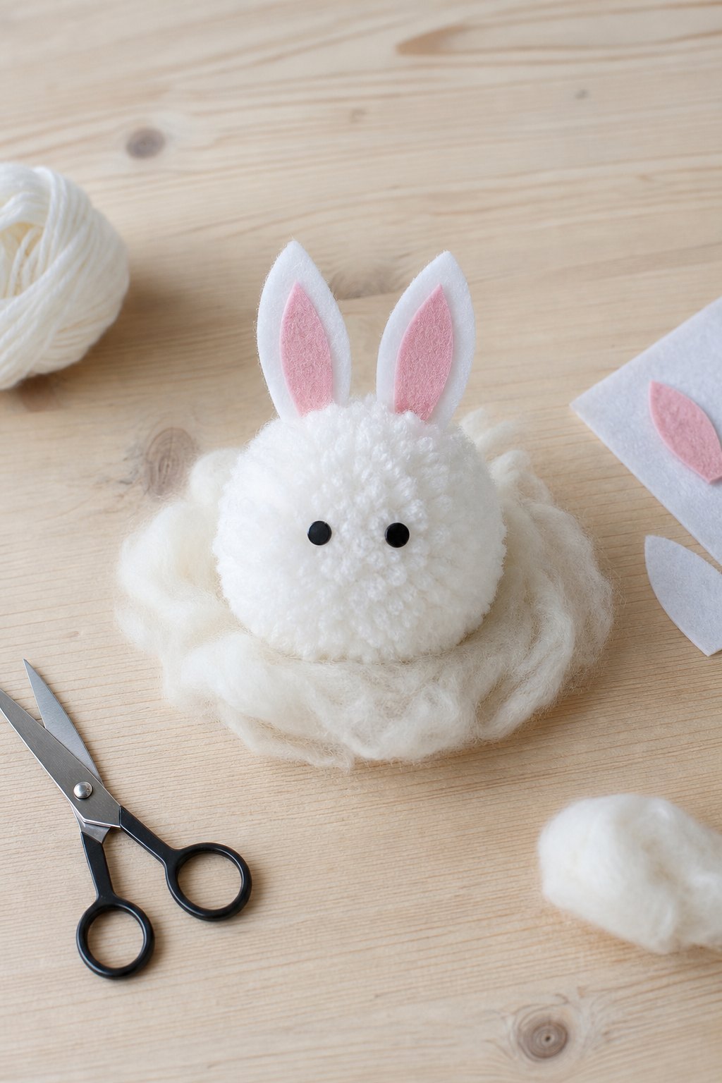 Der Schneehase aus dem Wollpompon — Ein runder weisser Wollpompon von etwa 7 cm als Schneehase auf einem hellen Holztisch, un