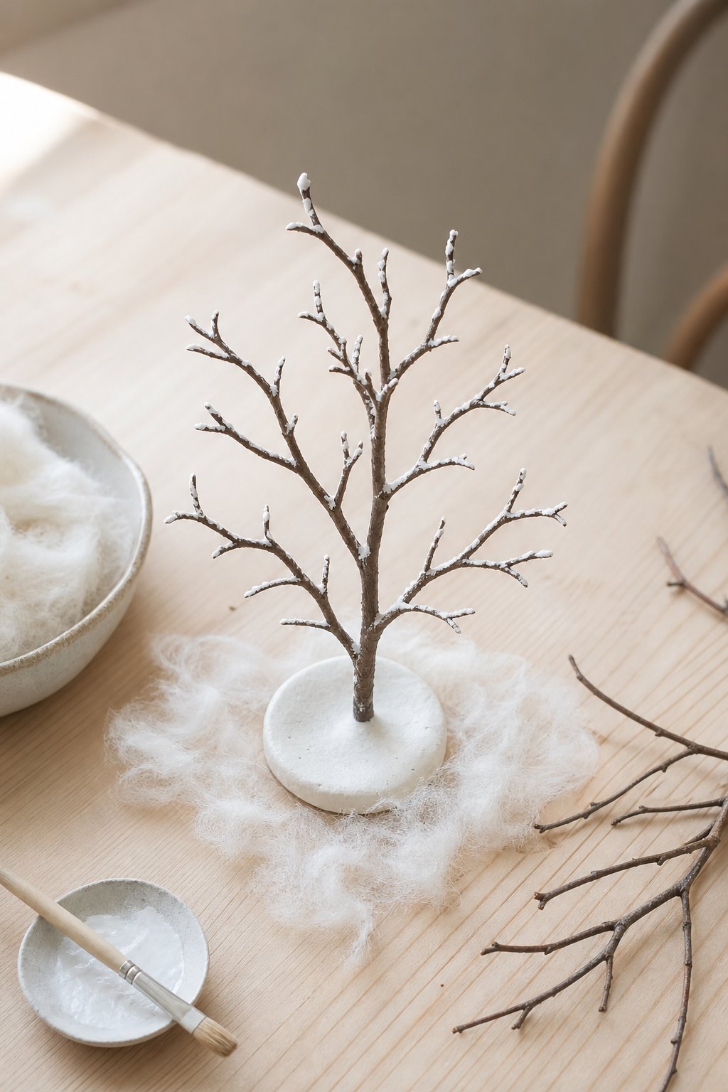 Der kahle Winterbaum im Salzteigfuß — Ein kahler, fein verzweigter brauner Ast von etwa 25 cm steht in einem flachen runden w