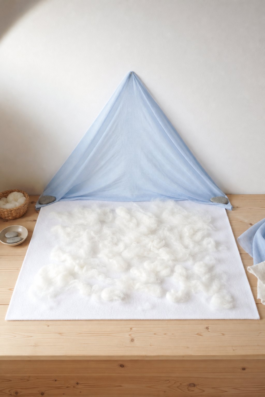 Der Winterhimmel aus einem Tuch — Ein duennes hellblaues Tuch haengt mittig an einem Punkt an einer weissen Wand und faellt w