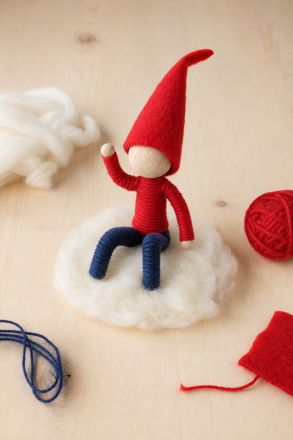 Das Winterkind aus Pfeifenputzern und Wolle — Eine etwa 10 cm grosse biegsame Figur auf einem hellen Holztisch: Kopf aus eine