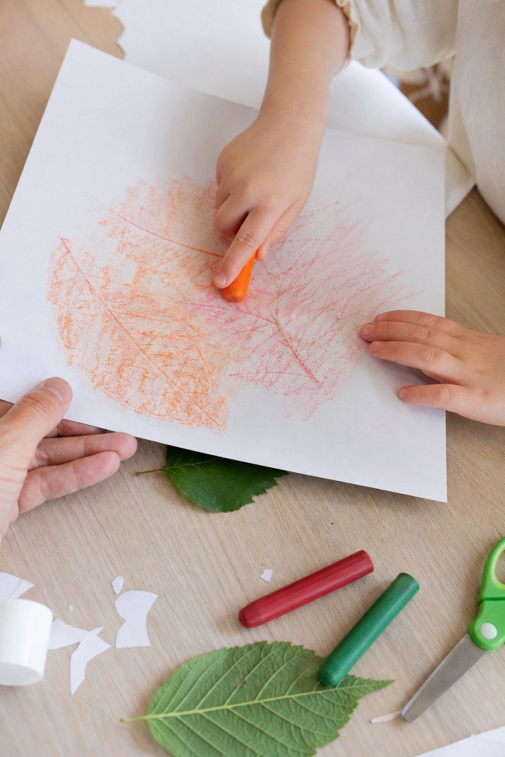 Kind reibt mit Wachsmalkreide die Blattadern durchs Papier