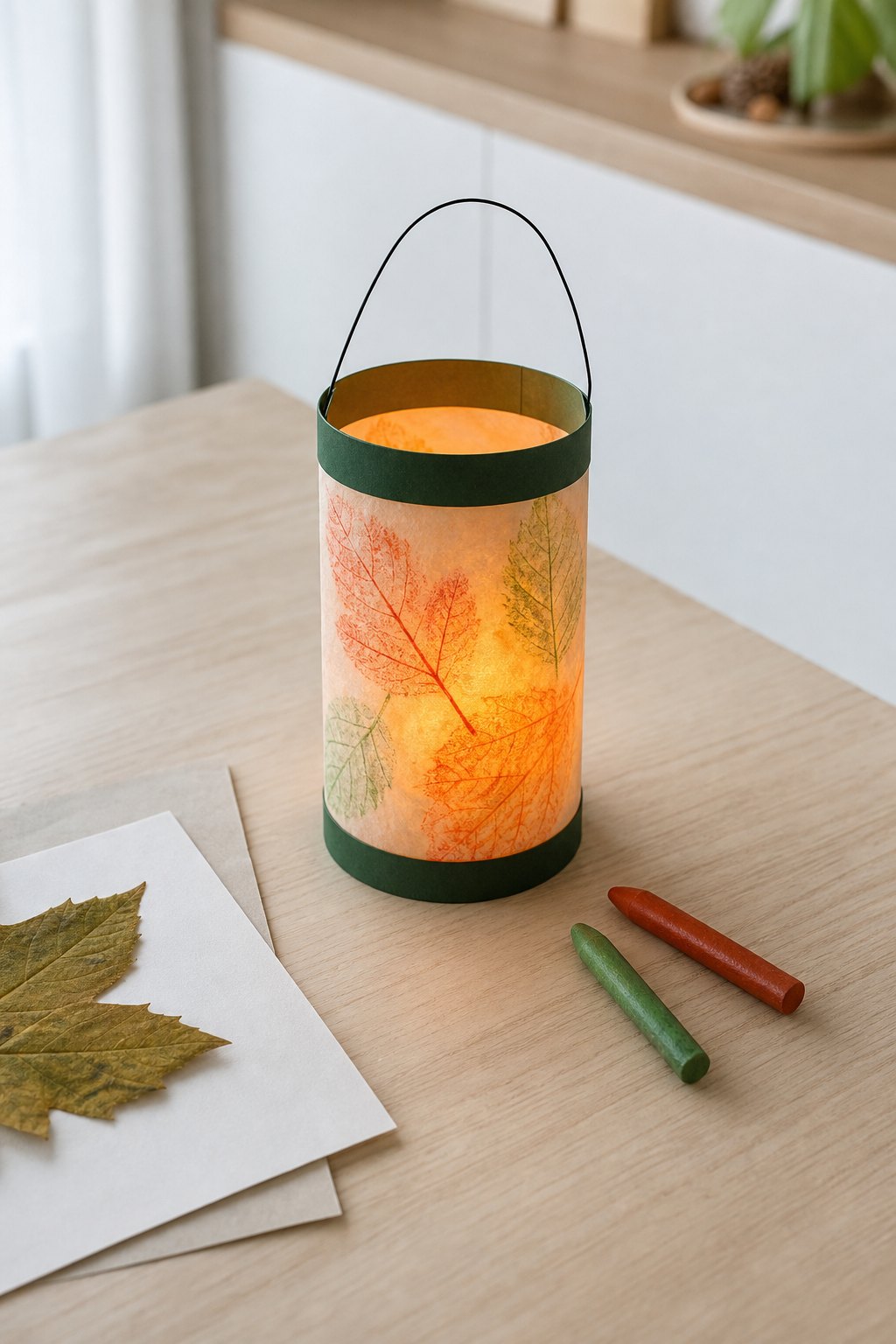 Die Öl-Laterne mit durchgeriebenen Blättern — Eine zylinderfoermige Laterne auf einem hellen Holztisch, etwa 20 cm hoch
