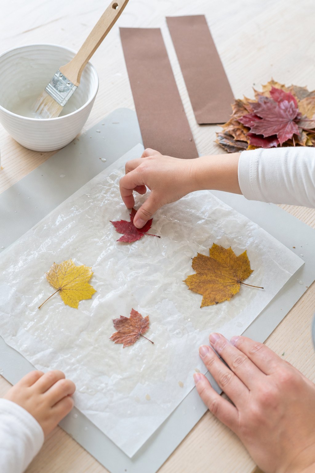 Kinderhand legt gepresste Blätter auf das gekleisterte Butterbrotpapier