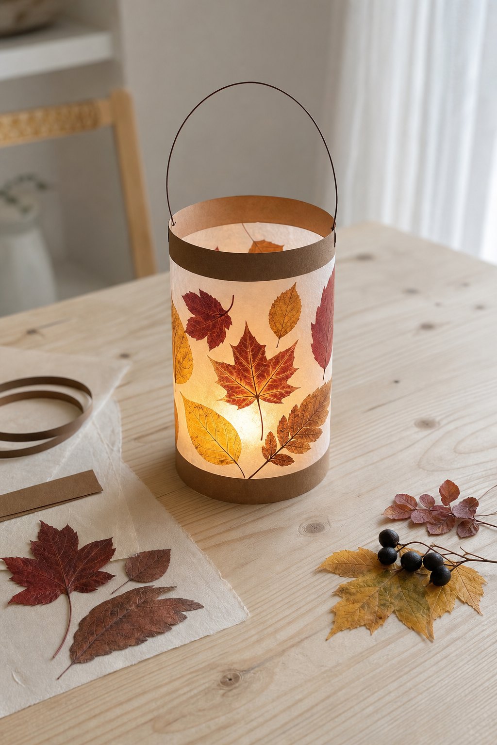 Die Blätterlaterne mit gepresstem Herbstlaub — Eine zylinderfoermige Laterne ohne Boden auf einem hellen Holztisch, etwa 20 c