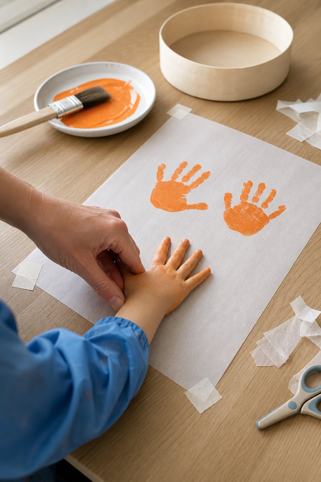 Kinderhand drückt einen orangen Handabdruck aufs Transparentpapier