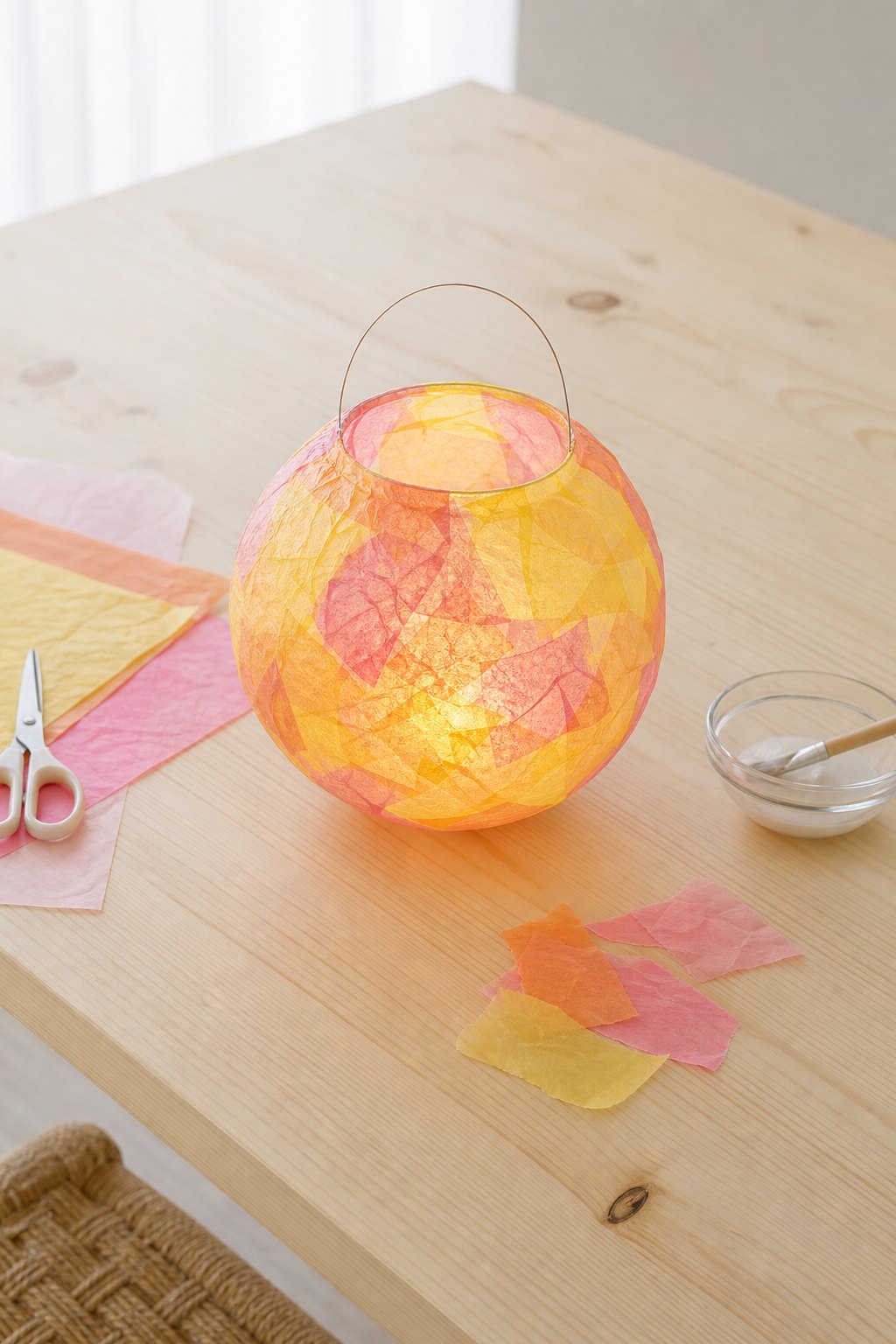 Die Kleisterlaterne über dem Luftballon — Eine kugelrunde Laterne aus gekleistertem Transparentpapier auf einem hellen Holzti