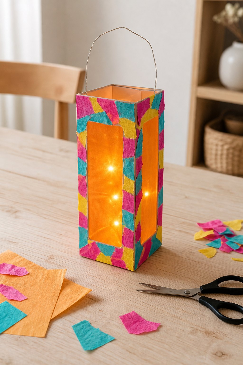 Die Milchtüten-Laterne mit vier Fenstern — Eine eckige Laterne aus einem Getraenkekarton auf einem hellen Holztisch, etwa 16