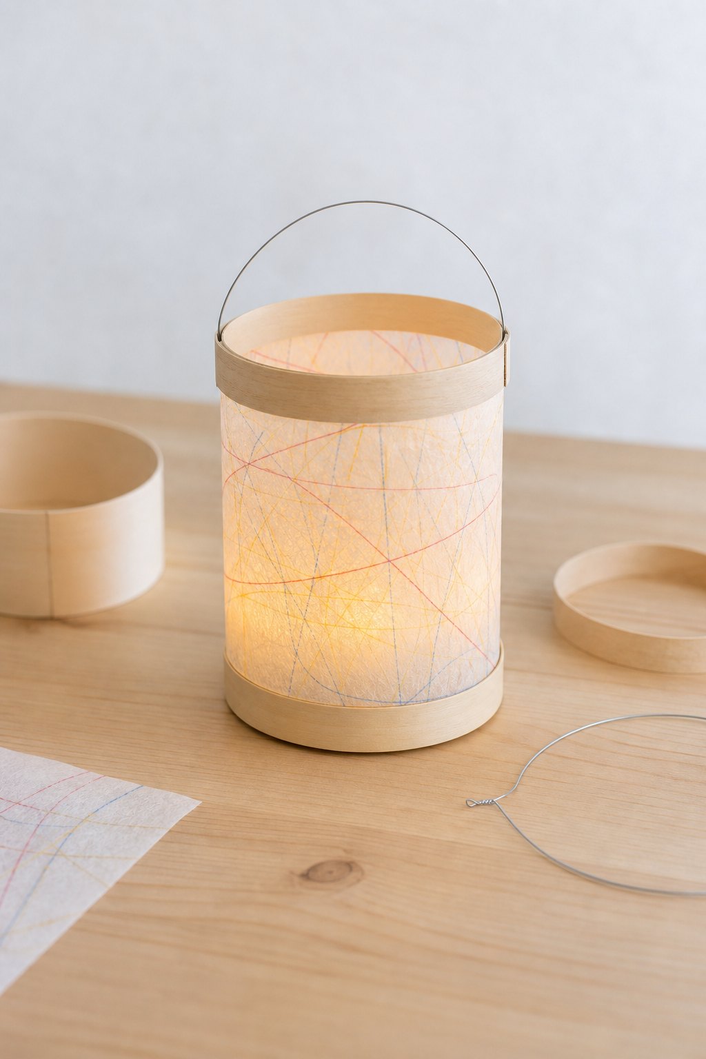 Die Laterne mit der Murmeltechnik — Eine runde Laterne aus einer Kaeseschachtel auf einem hellen Holztisch, etwa 20 cm hoch