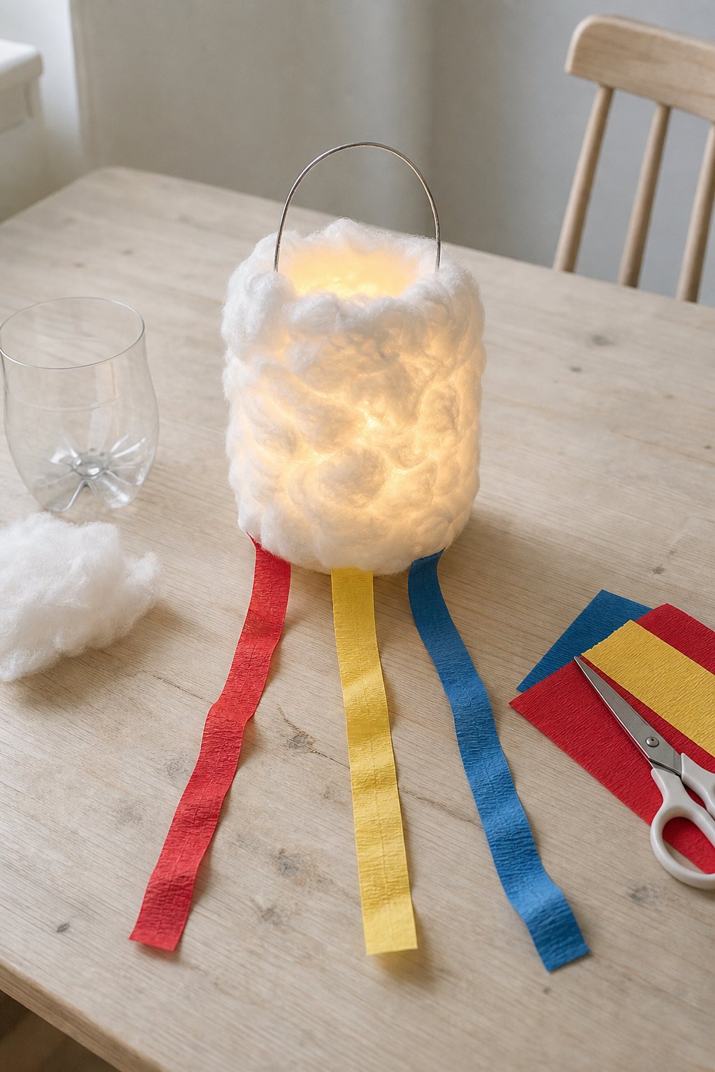 Die Wolkenlaterne mit Watte und Regenbändern — Eine Wolkenlaterne auf einem hellen Holztisch: das untere Stueck einer Plastik