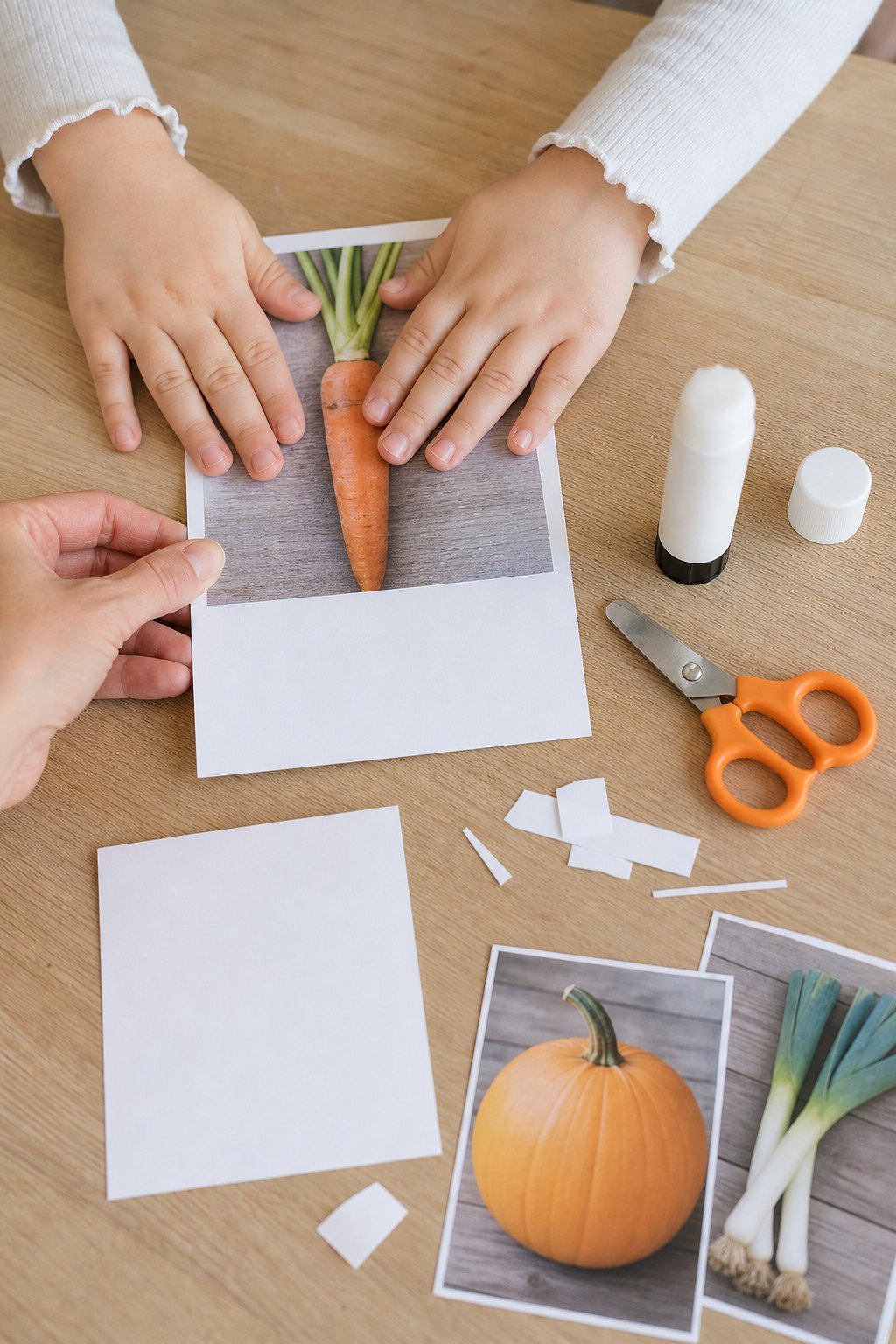 Kinderhände kleben ein Karottenfoto auf eine weiße Karte