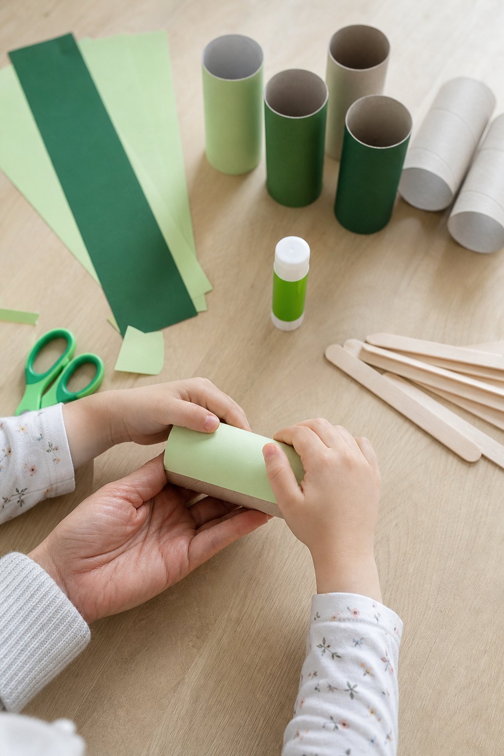 Kinderhände bekleben eine Klopapierrolle mit grünem Tonpapier