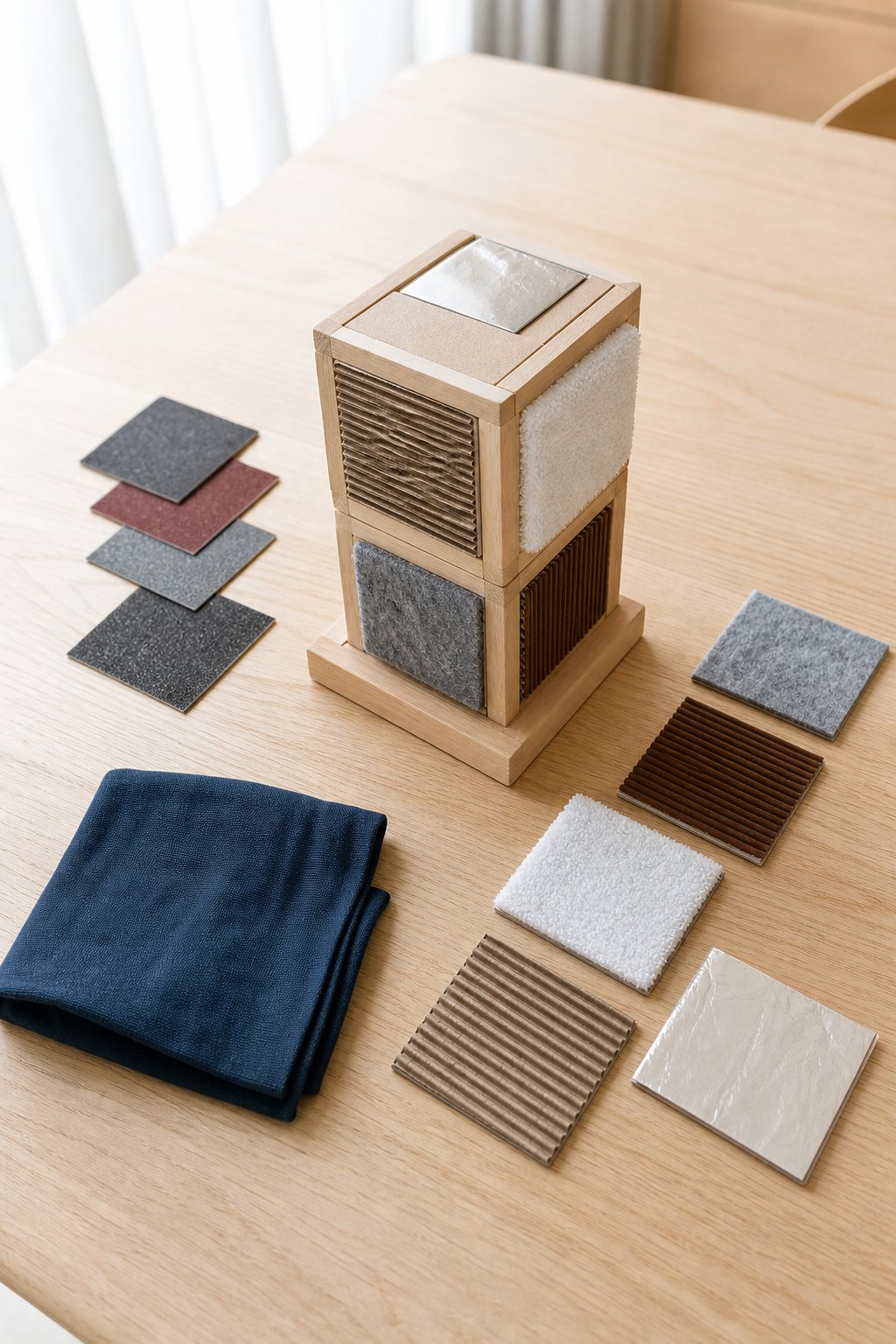 Die Tasttäfelchen von rau bis glatt — Sechzehn quadratische Taefelchen aus grauer Pappe, je 8 x 8 cm, paarweise in zwei Reihe