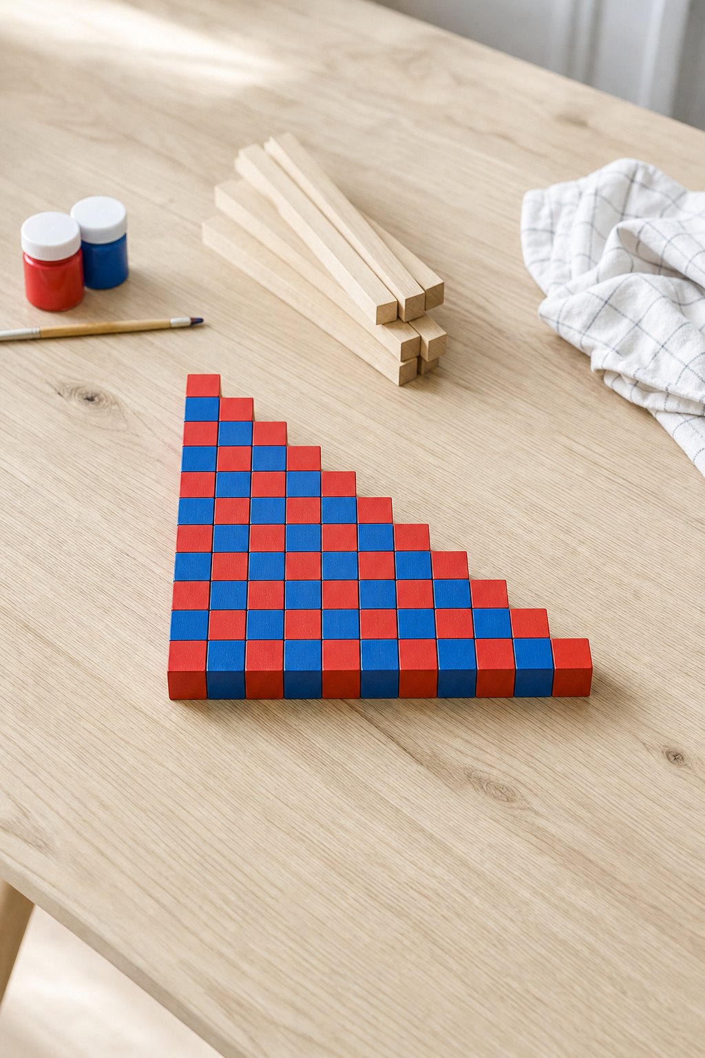 Die rot-blauen Zahlenstangen — Zehn quadratische Holzstangen von 10 cm bis 100 cm Laenge, wie eine Treppe nebeneinander auf e