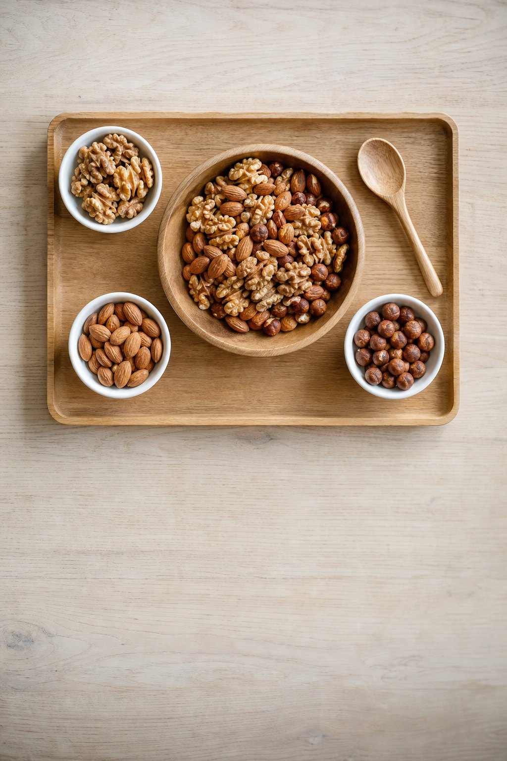 Draufsicht auf ein Holztablett mit Rand