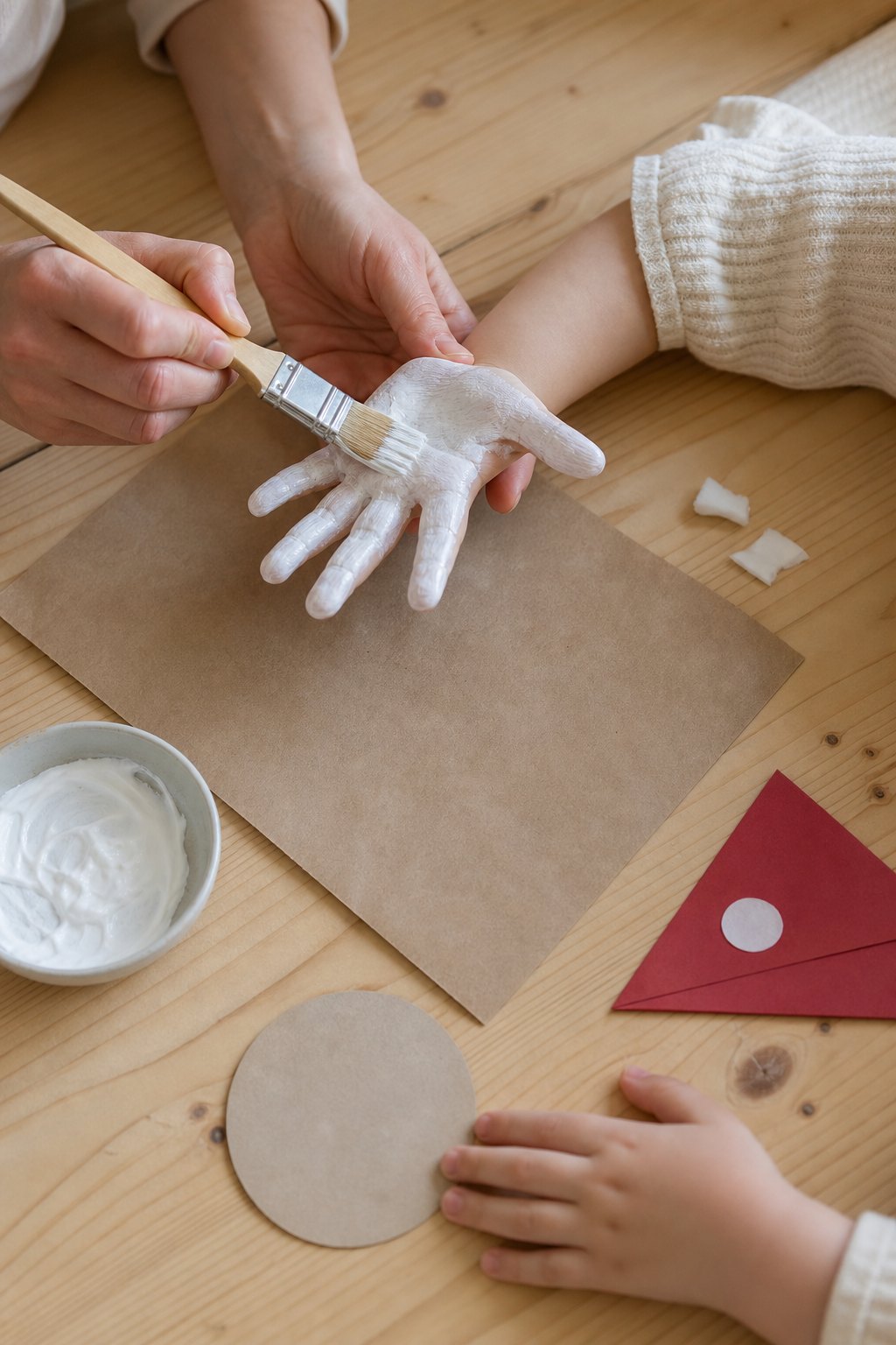 Eine Erwachsenenhand streicht eine Kinderhand mit weißer Fingerfarbe ein