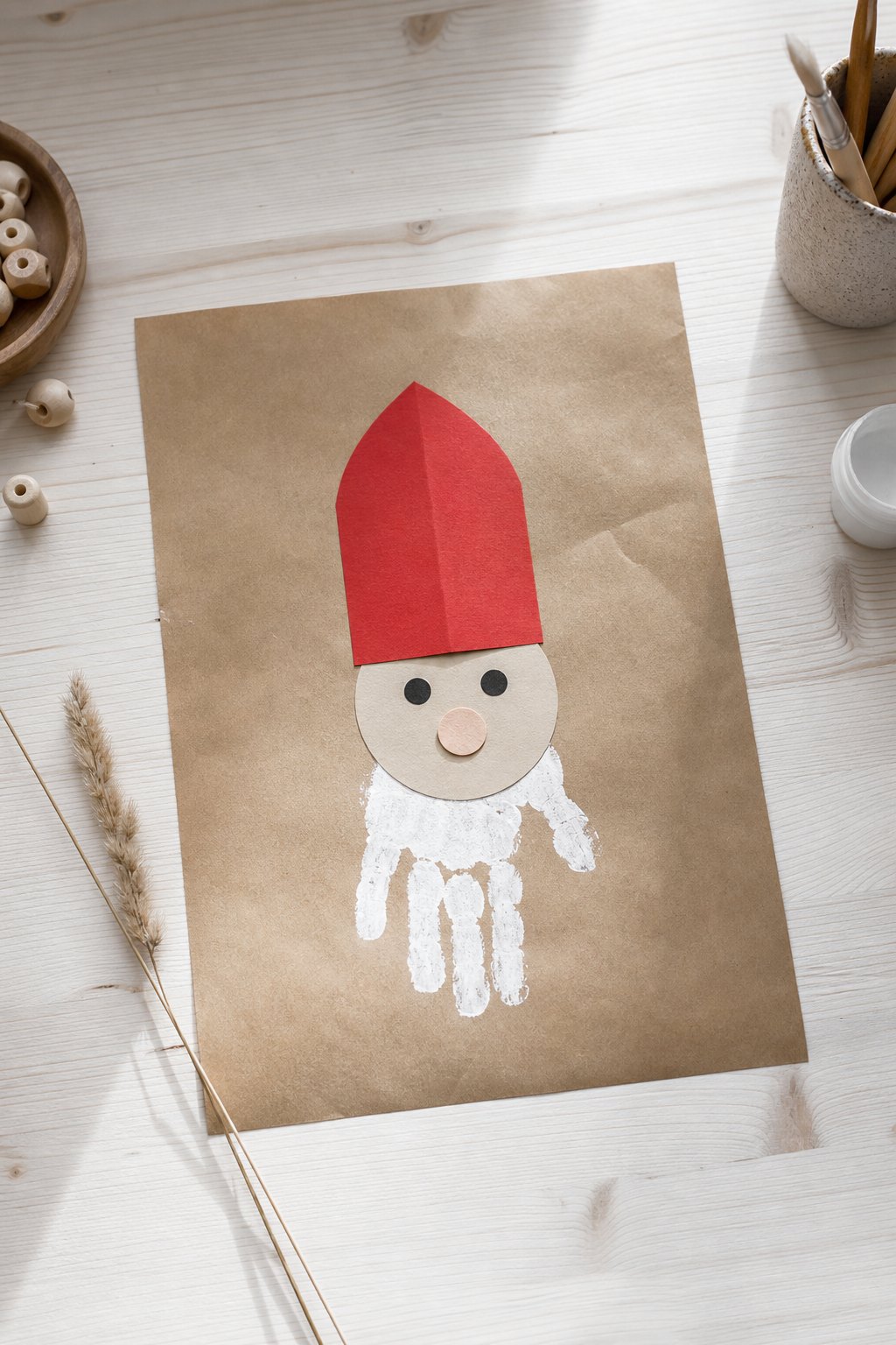 Der Nikolaus mit dem Handabdruck-Bart — Ein hochkant liegendes Blatt braunes Packpapier auf einem hellen Holztisch