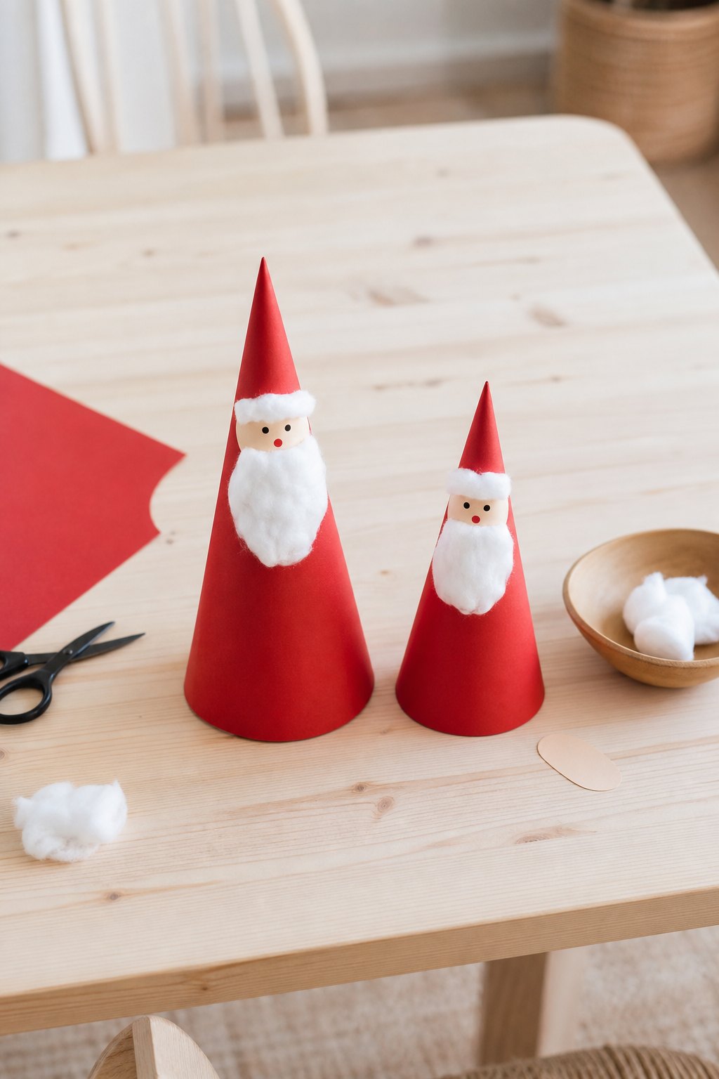 Der Kegel-Nikolaus aus einem Halbkreis — Eine kegelfoermige Nikolausfigur aus rotem Tonpapier steht auf einem hellen Holztisc